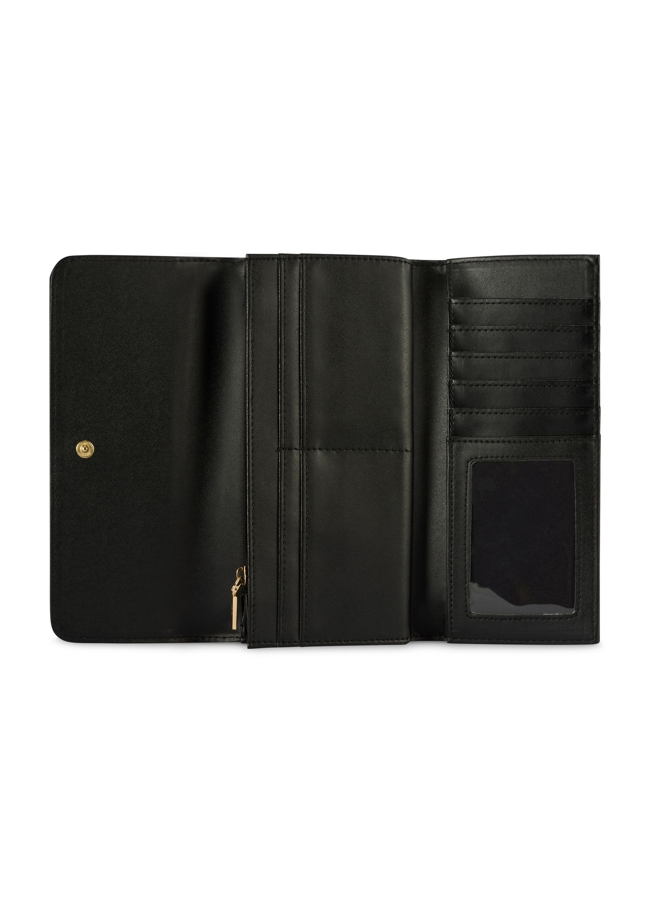 Czarny duży portfel damski z monogramem POREC-0421-98(Z25) - widok otwartego produktu z góry na białym tle.