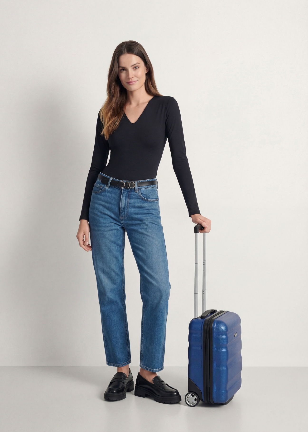 Walizka kabinowa na kółkach WALPC-0012-7C-16(W26), widok produktu z boku obok sylwetki modelki.