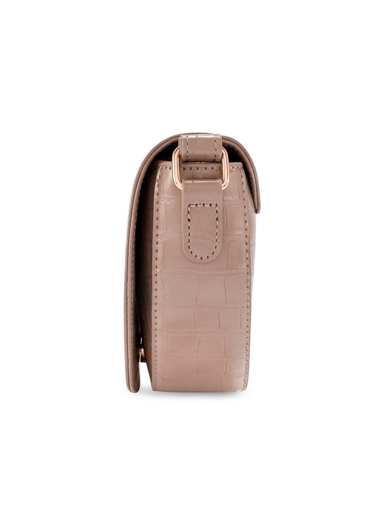 Beżowa półokrągła listonoszka damska TOREC-1184-1D(W26), widok produktu od boku na białym tle.