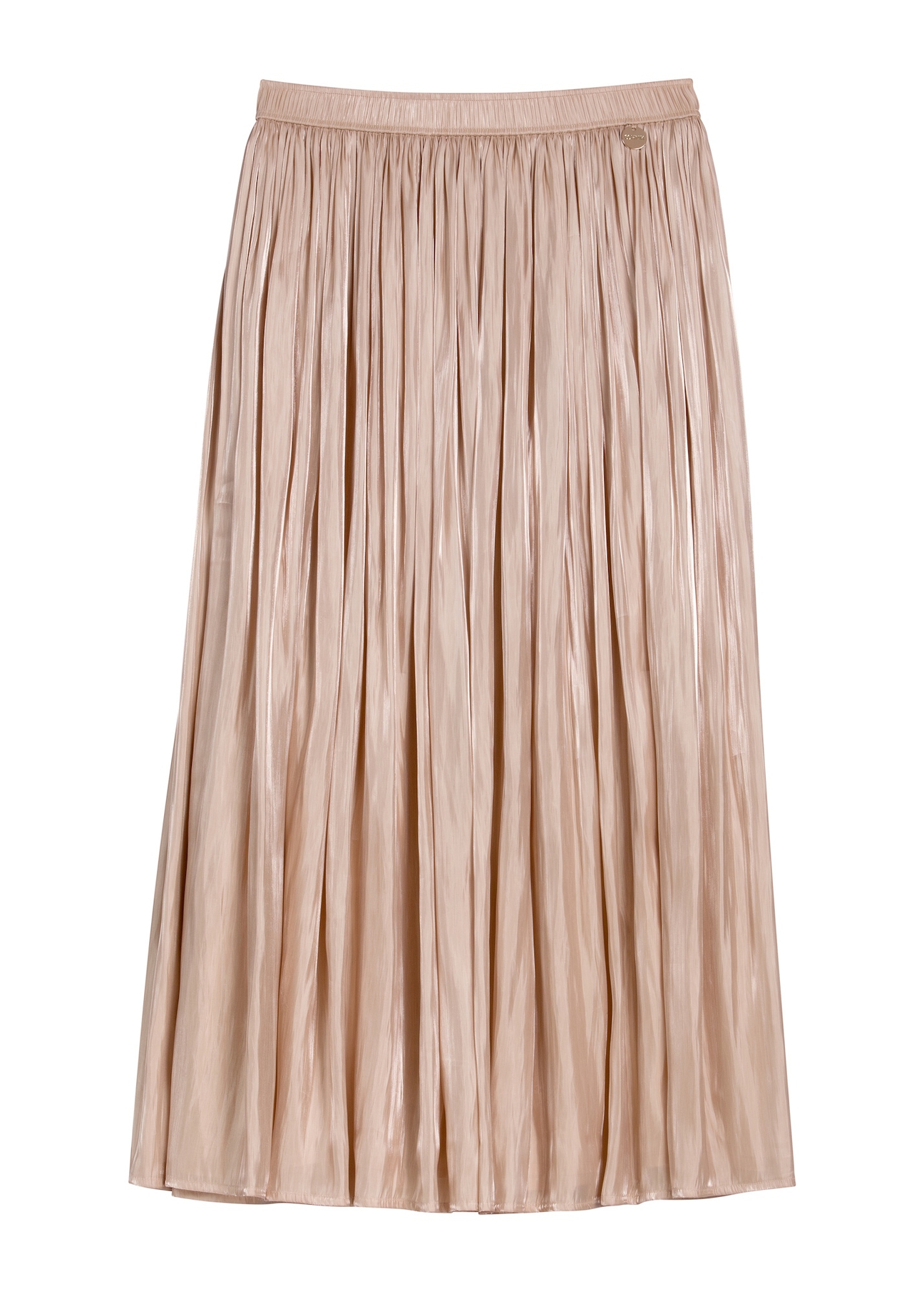 Błyszcząca spódnica damska midi SPCDT-0130-1B(W26), widok produktu z przodu na białym tle.