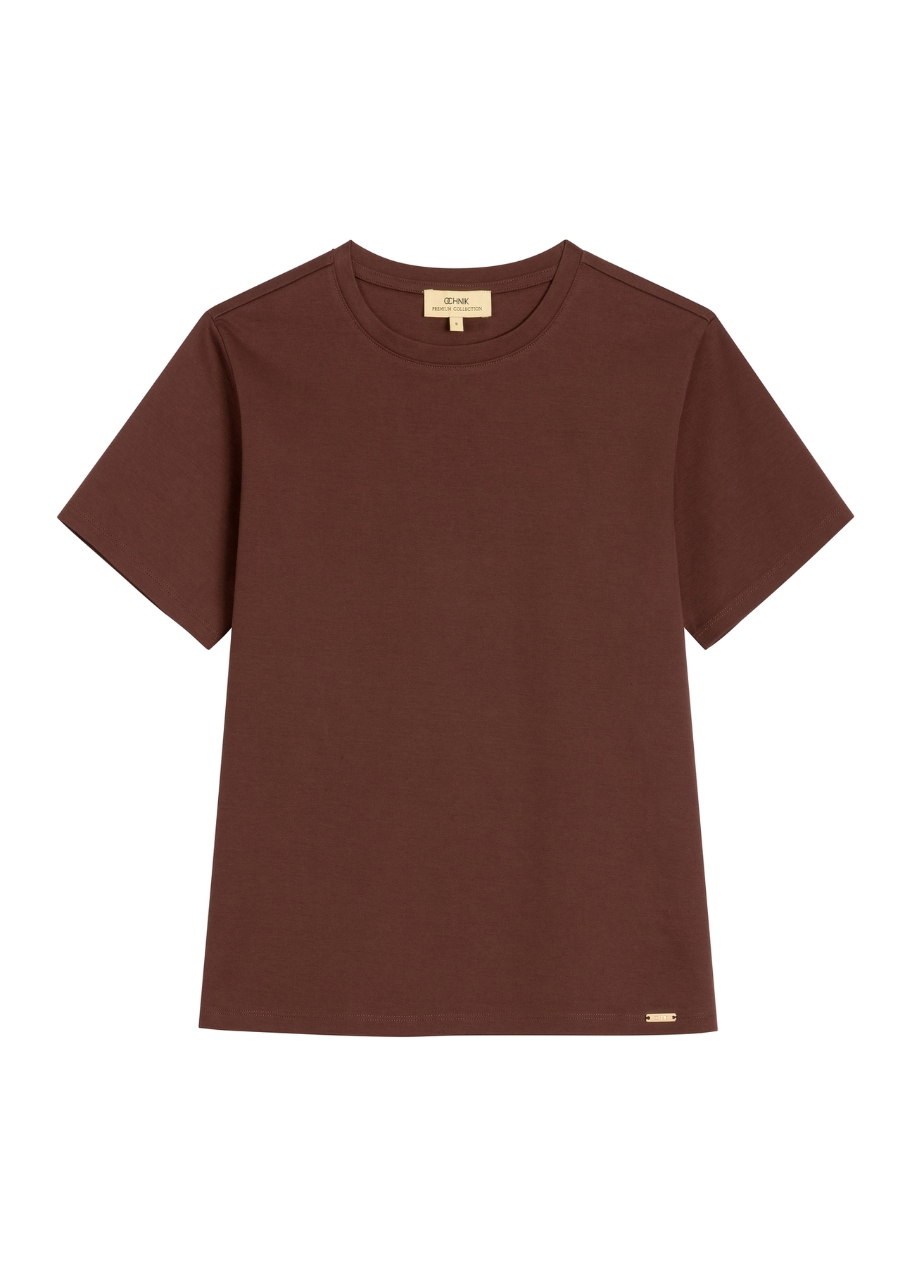 Brązowy bawełniany T-shirt damski TSHDT-0165-1H(Z26), widok produktu z przodu na białym tle.