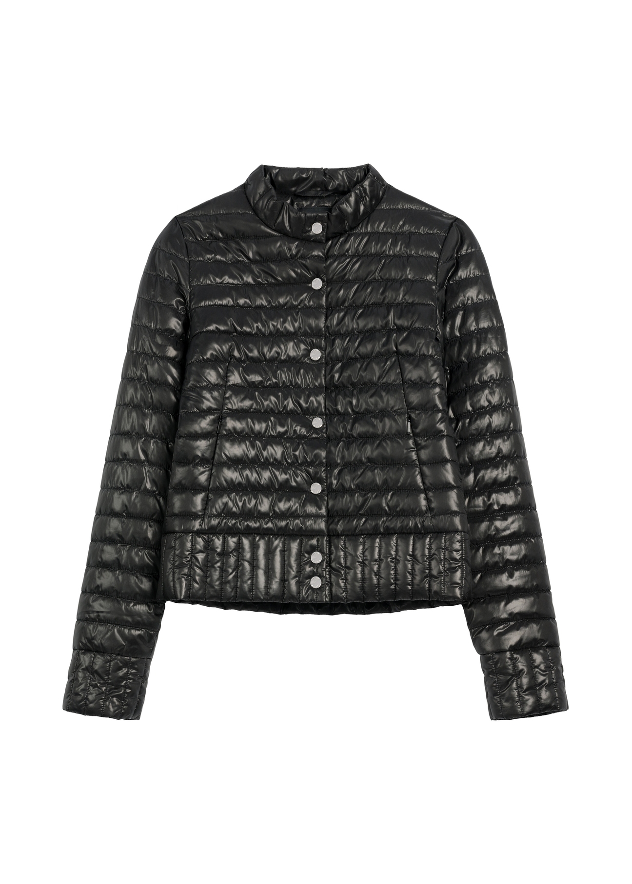 Czarna pikowana kurtka damska ze stójką KURDT-0441-99(Z25), widok produktu z przodu na białym tle.