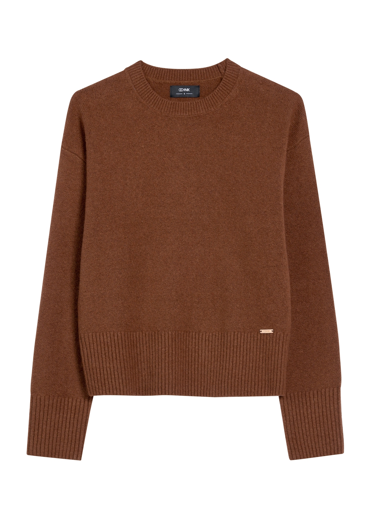Brązowy sweter damski SWEDT-0242-89(Z25), widok produktu od przodu na białym tle.