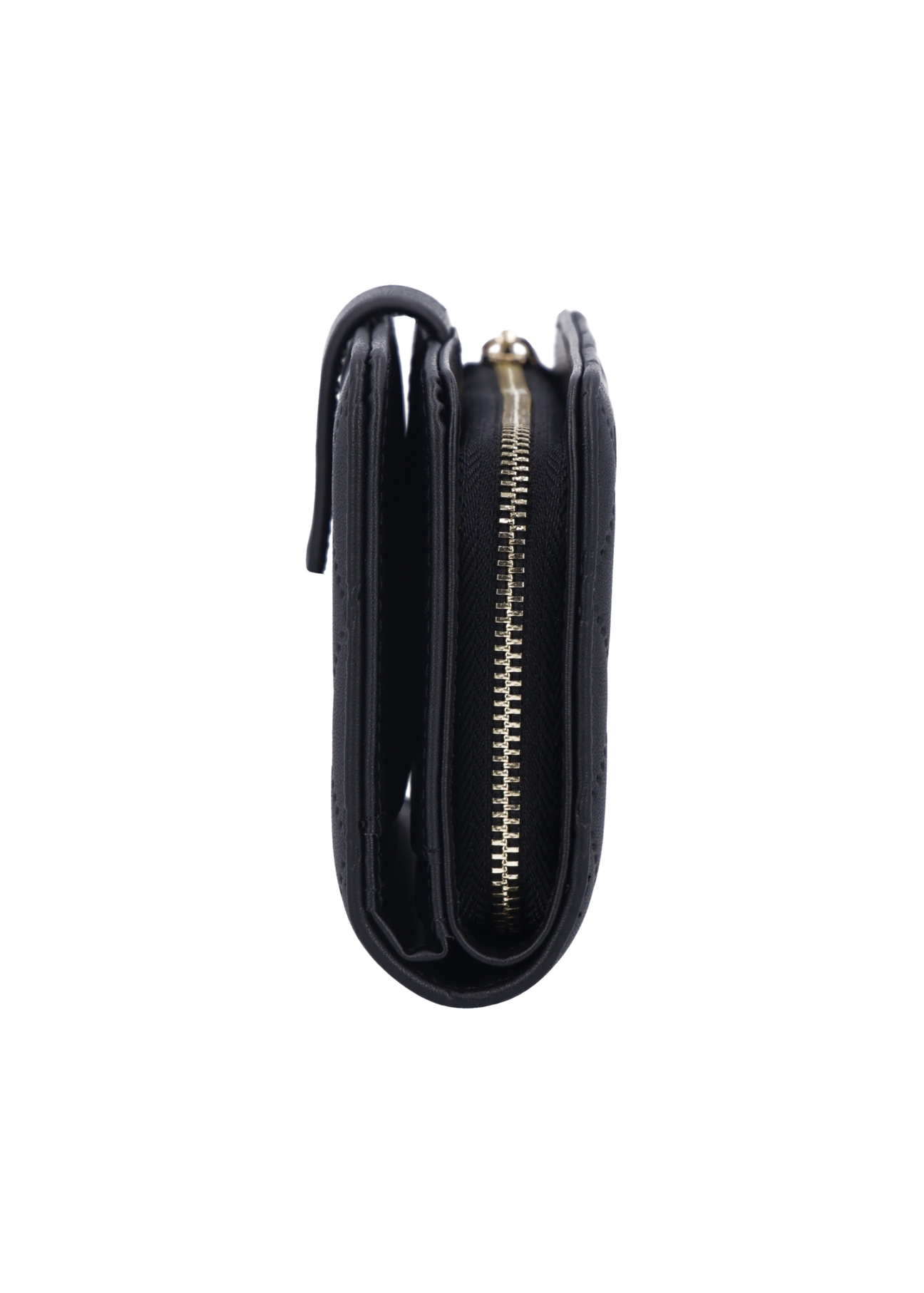 Czarny portfel damski z monogramem POREC-0391A-9P(Z26), widok produktu z boku na białym tle.