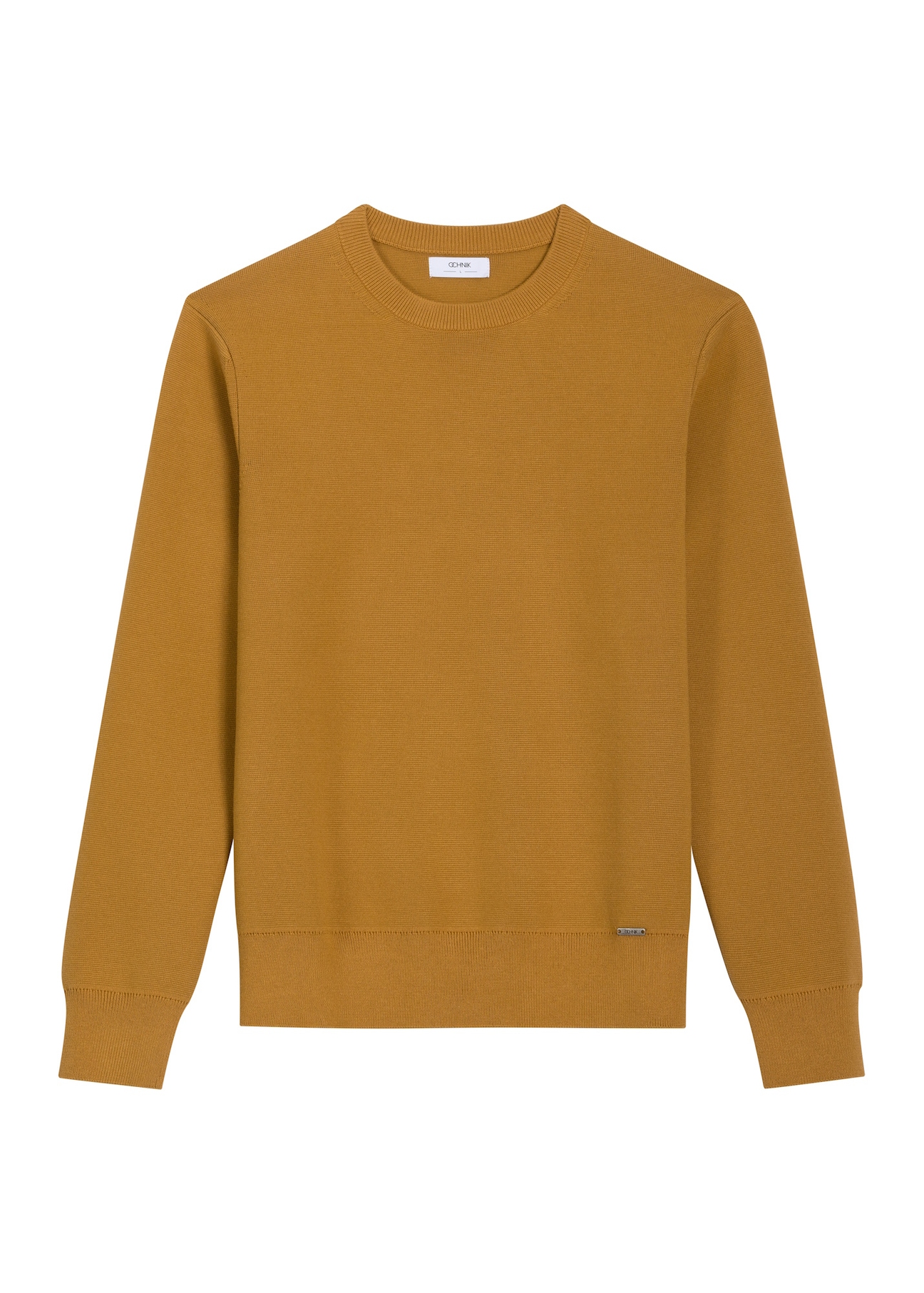 Musztardowy sweter męski SWEMT-0217-2D(Z26), widok produktu z przodu na białym tle.