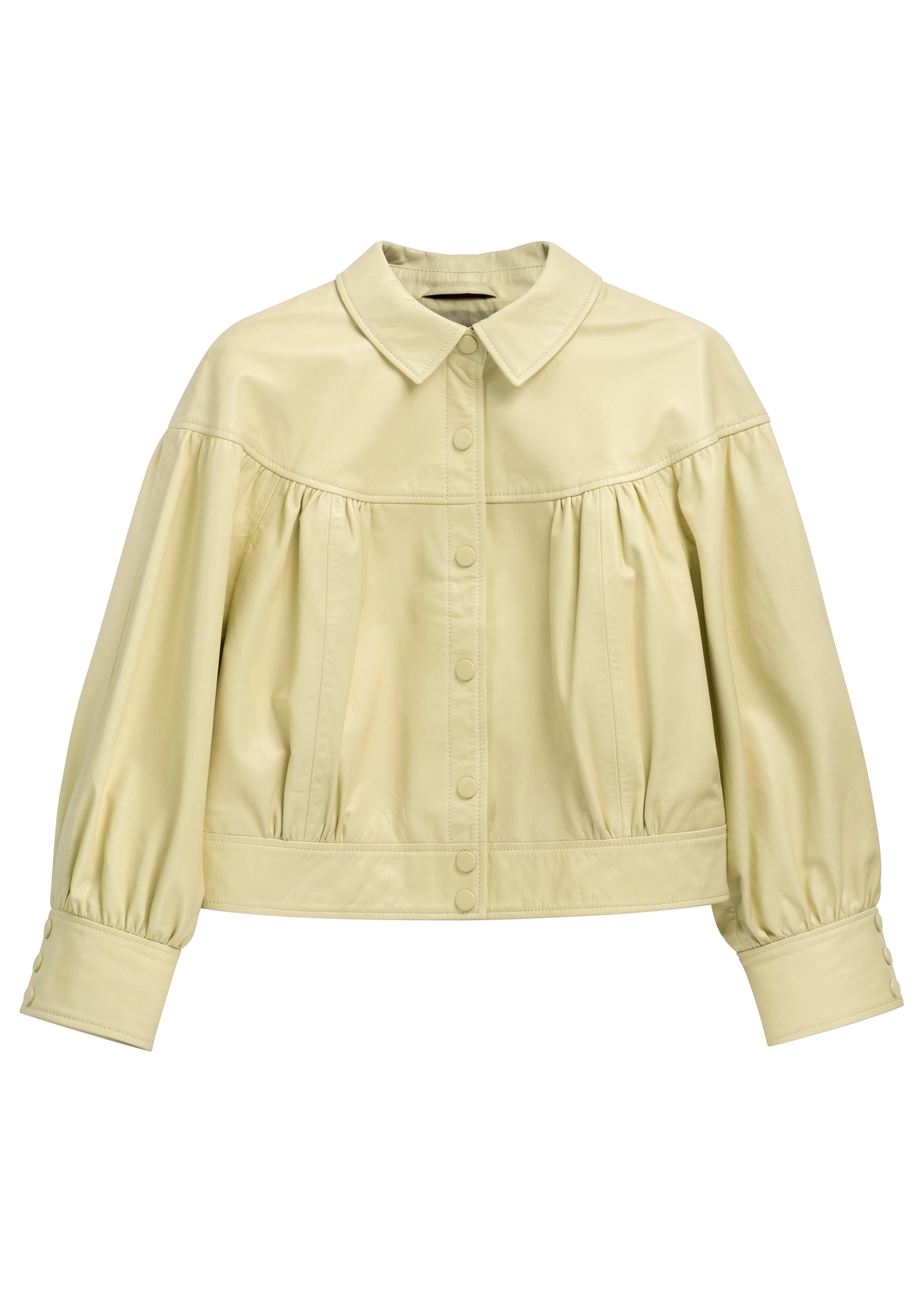 Skórzana jasnożółta kurtka damska KURDS-0574-2A(W26) - widok produktu z przodu, na białym tle. 