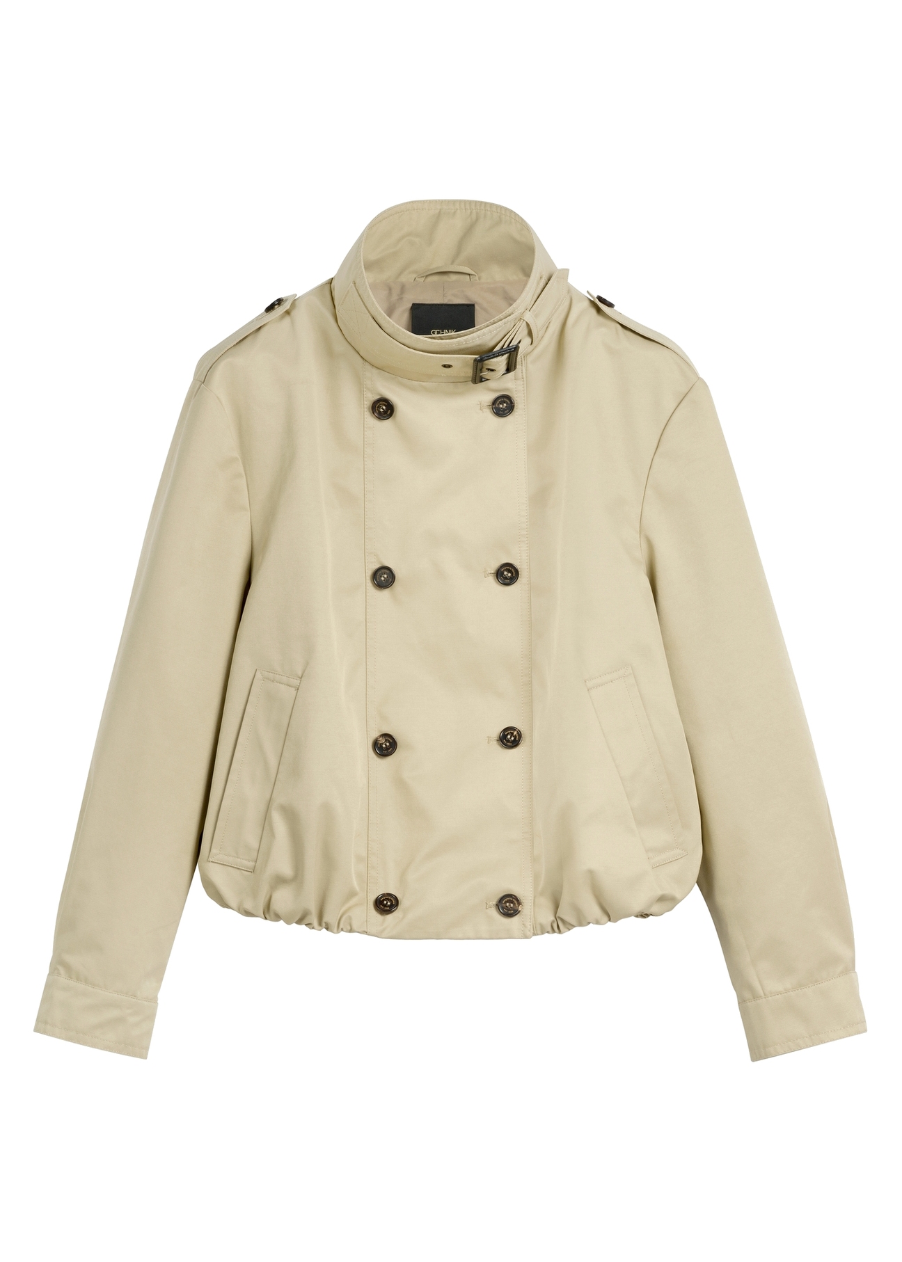 Beżowa krótka kurtka damska KURDT-0657-1B(W26) - widok produktu z przodu, na białym tle. 