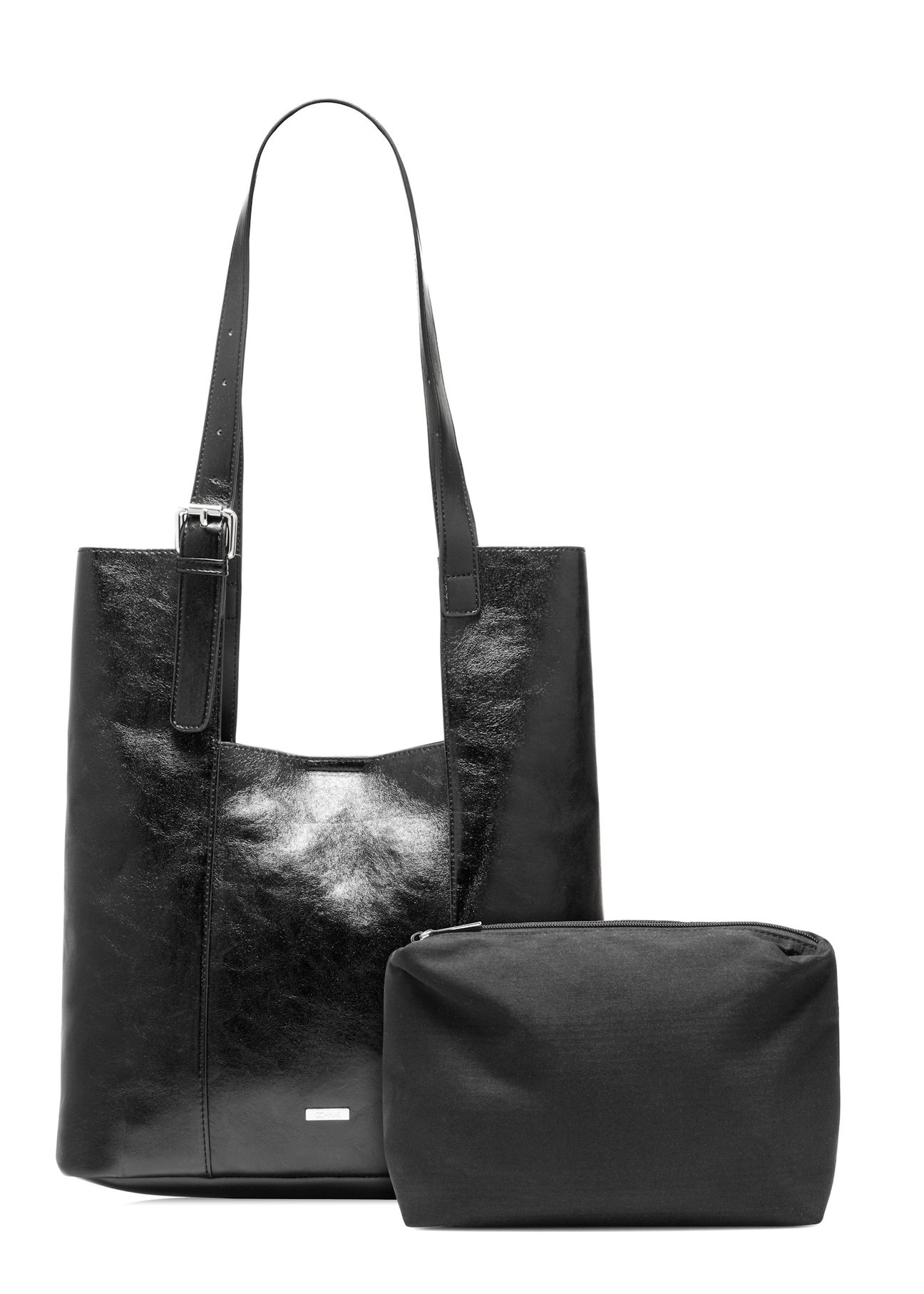 Czarna damska torebka shopper TOREC-1086-99(Z25), widok kompletu produktu z przodu na białym tle. 