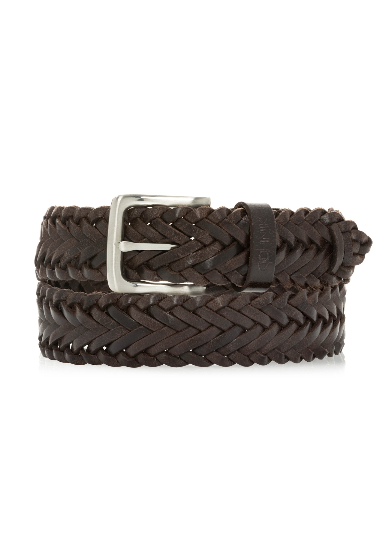 Ciemnobrązowy pleciony pasek męski PASMS-0282-1I(W26), widok produktu z przodu na białym tle.