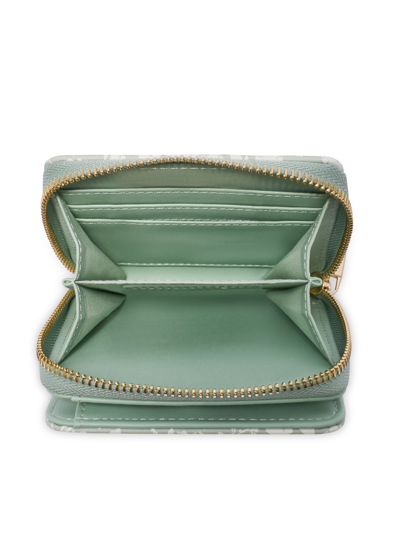 Mały szałwiowy portfel damski w kwiaty POREC-0366-8P(W26) - widok produktu z góry, na białym tle.