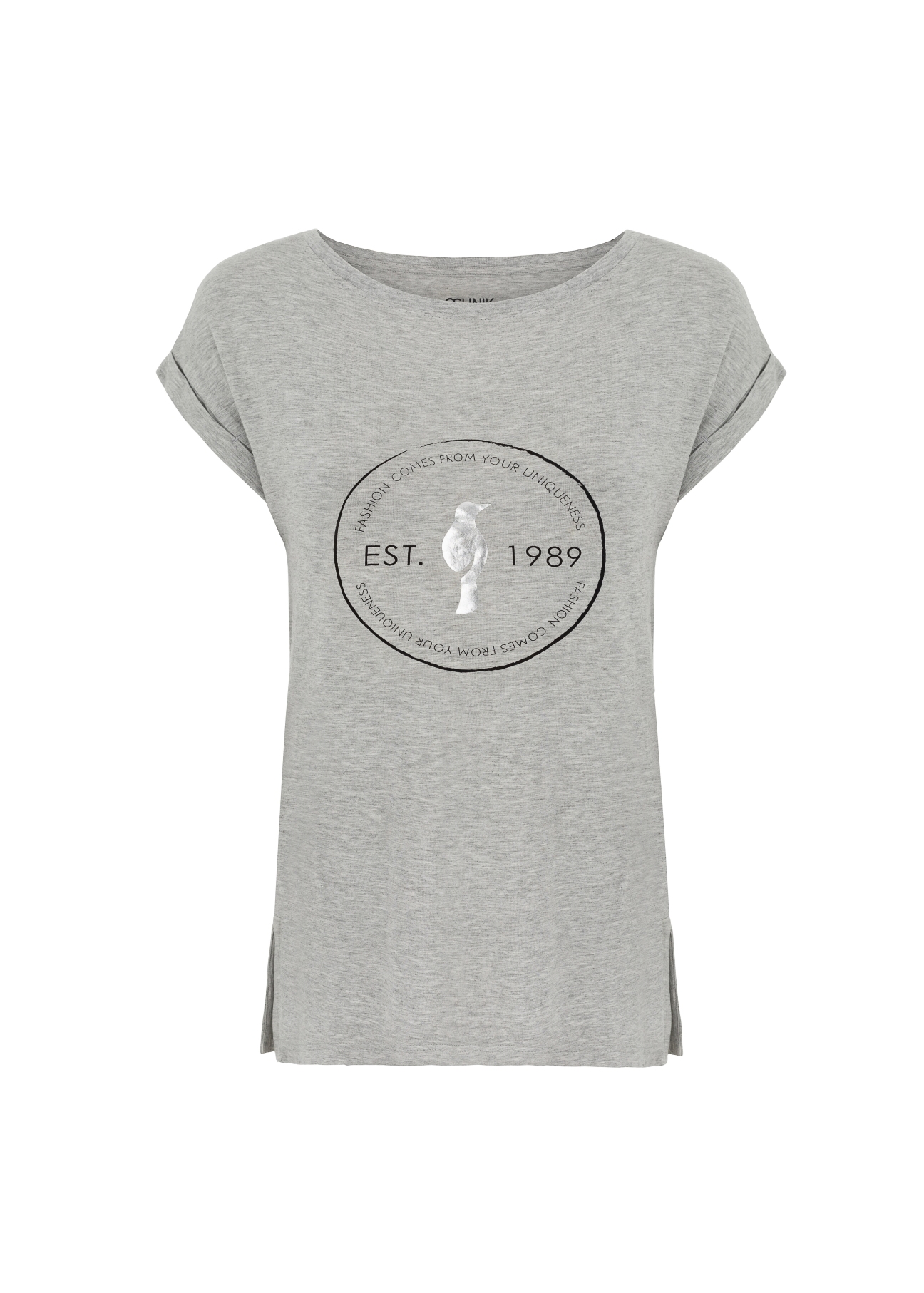 Wydłużony szary T-shirt damski TSHDT-0067-91(W21)-02