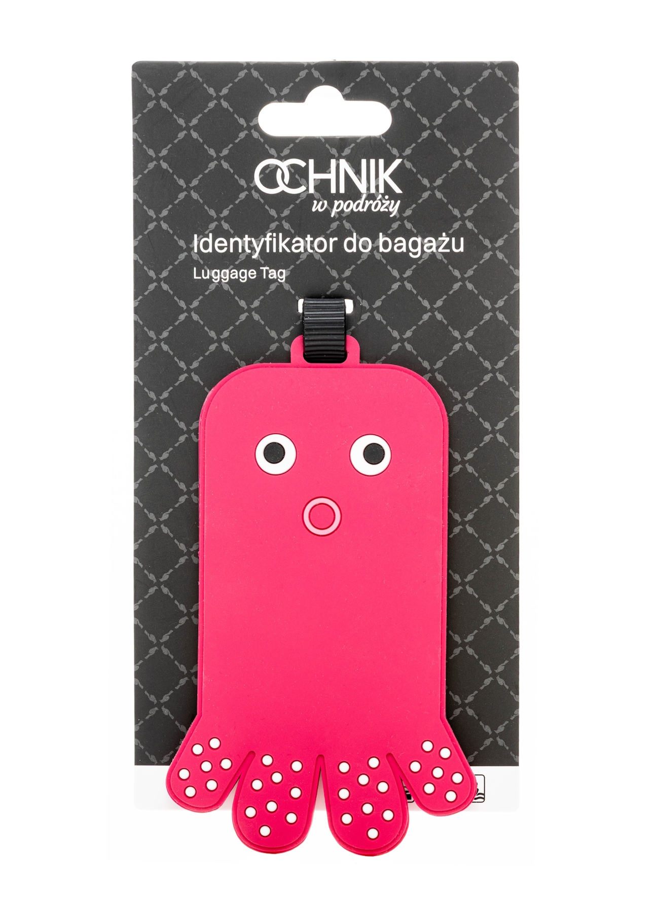 Identyfikator do bagażu AW-012-0004-5E(W26), widok produktu z opakowaniem na białym tle.