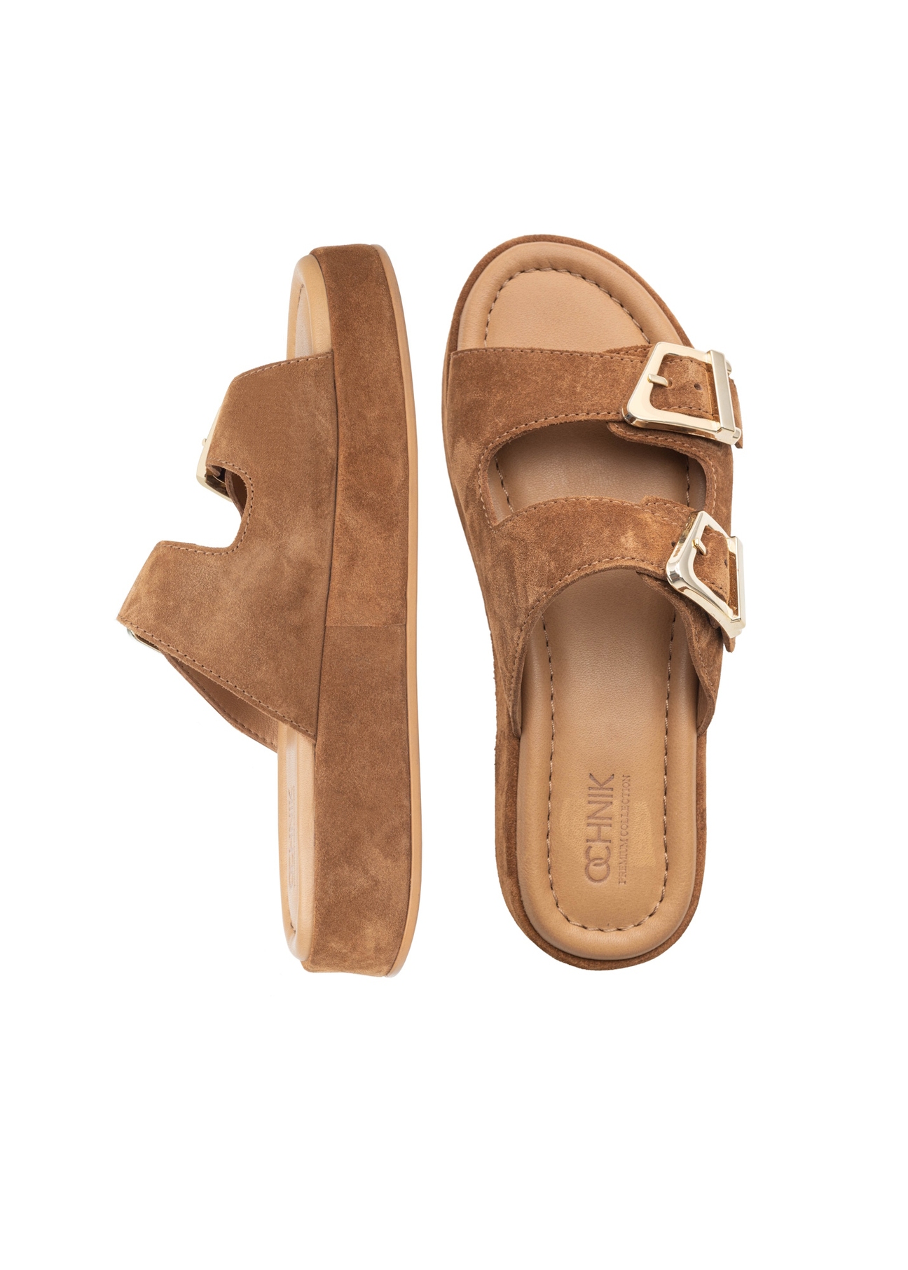 Zamszowe klapki damskie na platformie BUTYD-1241-1D(W26), widok produktu z góry na białym tle.