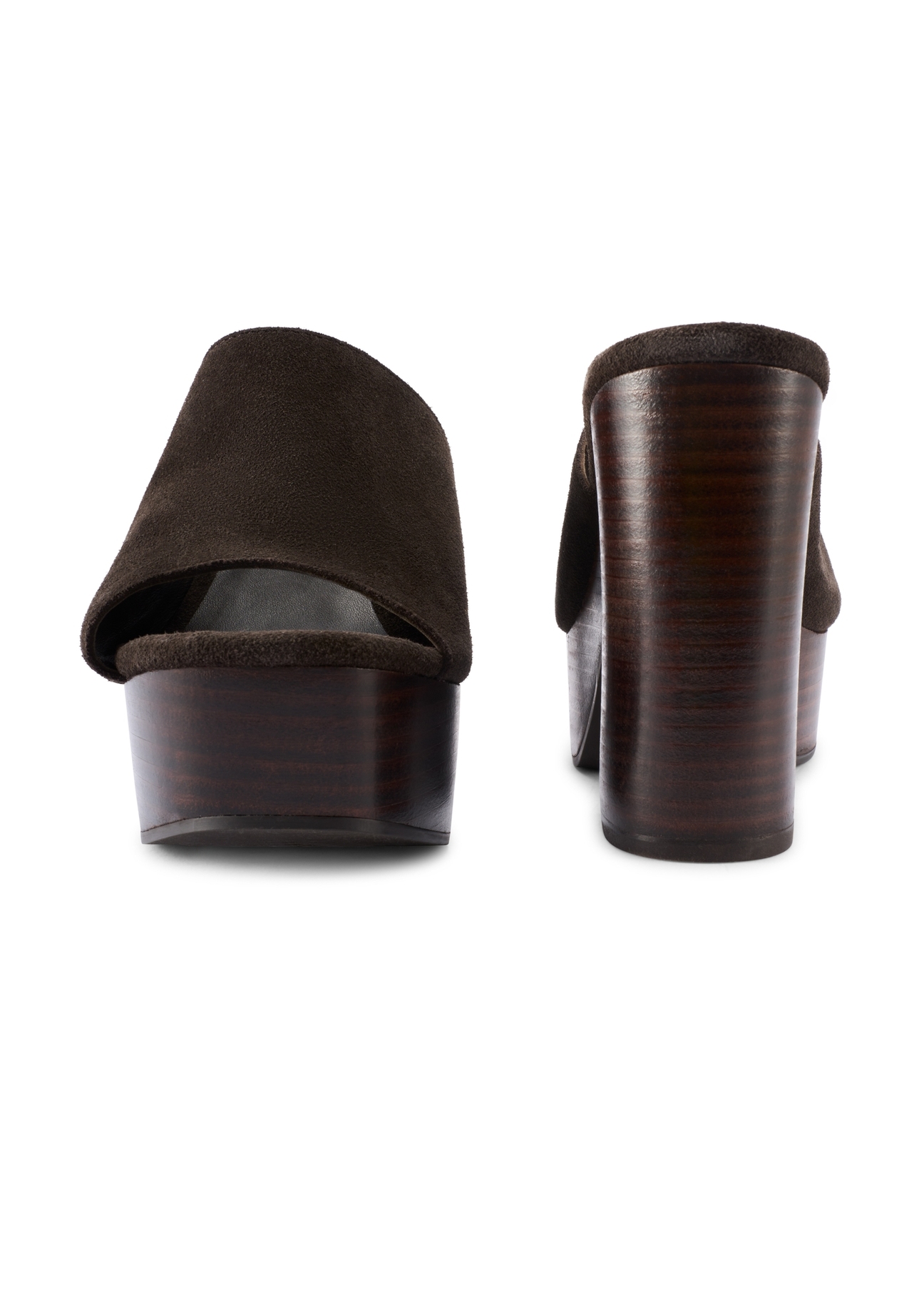 Ciemnobrązowe skórzane klapki damskie na słupku BUTYD-1275-1I(W26),  widok produktu z przodu i tyłu na białym tle.