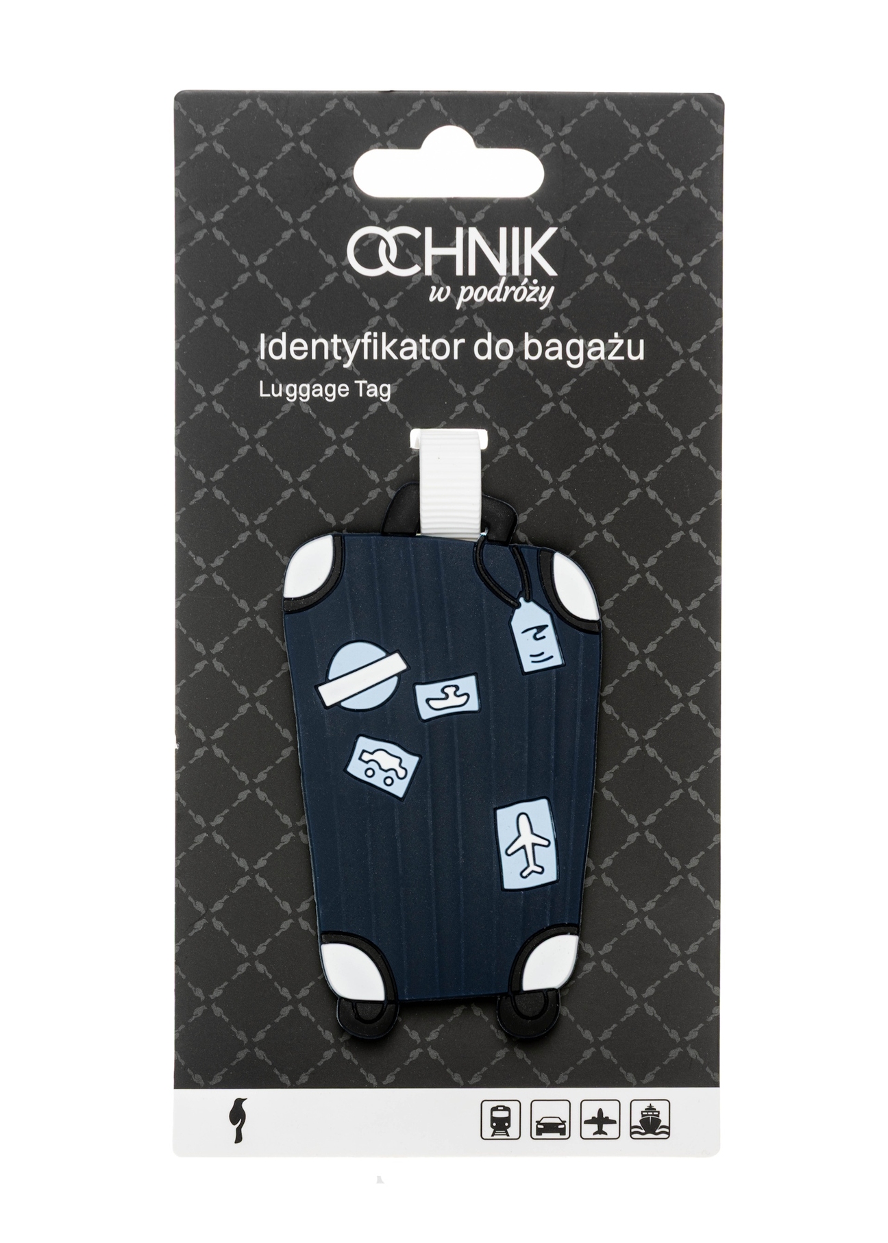 Identyfikator do bagażu AW-012-0012-7D(W26), widok produktu z opakowaniem na białym tle.