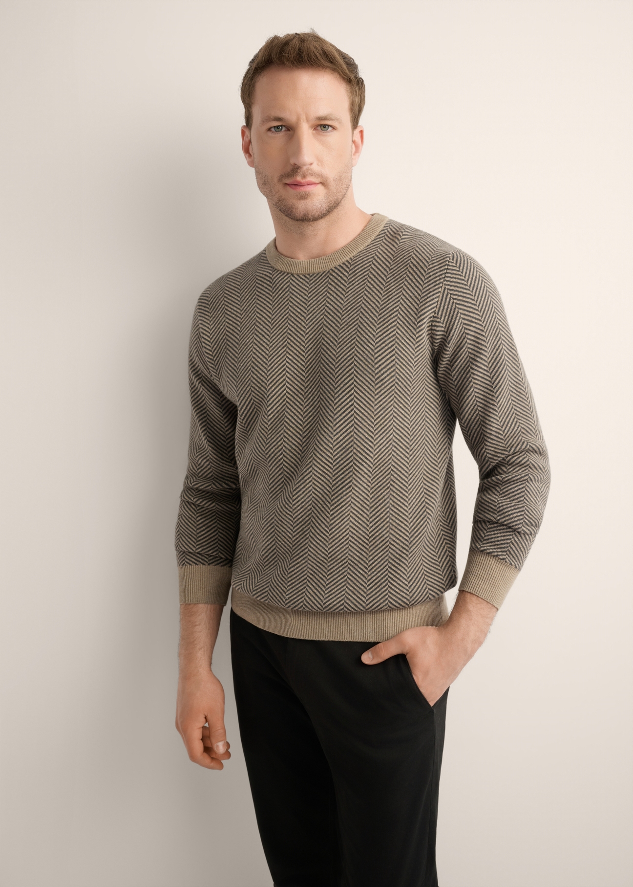 Ciemnobeżowy sweter męski we wzory SWEMT-0195-1D(Z26), widok produktu z przodu na modelu. Widoczna połowa sylwetki.