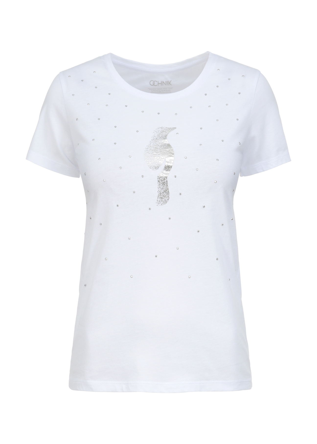 Biały T-shirt damski ze srebrnym logo TSHDT-0110-11(W23)-03