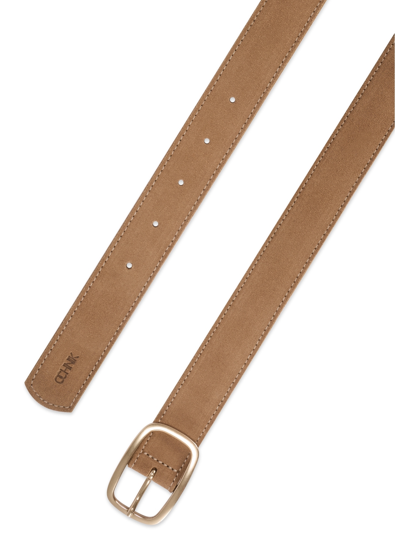 Skórzany beżowy pasek damski PASDS-0339-1B(W26), widok na zapięcie produktu na białym tle.