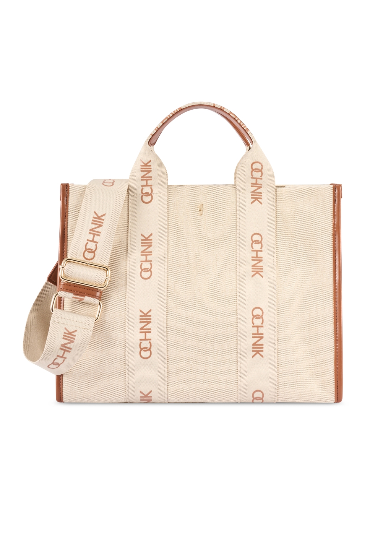 Beżowa damska torebka typu tote bag TOREN-0288A-1E(W26), widok produktu z przodu na białym tle.