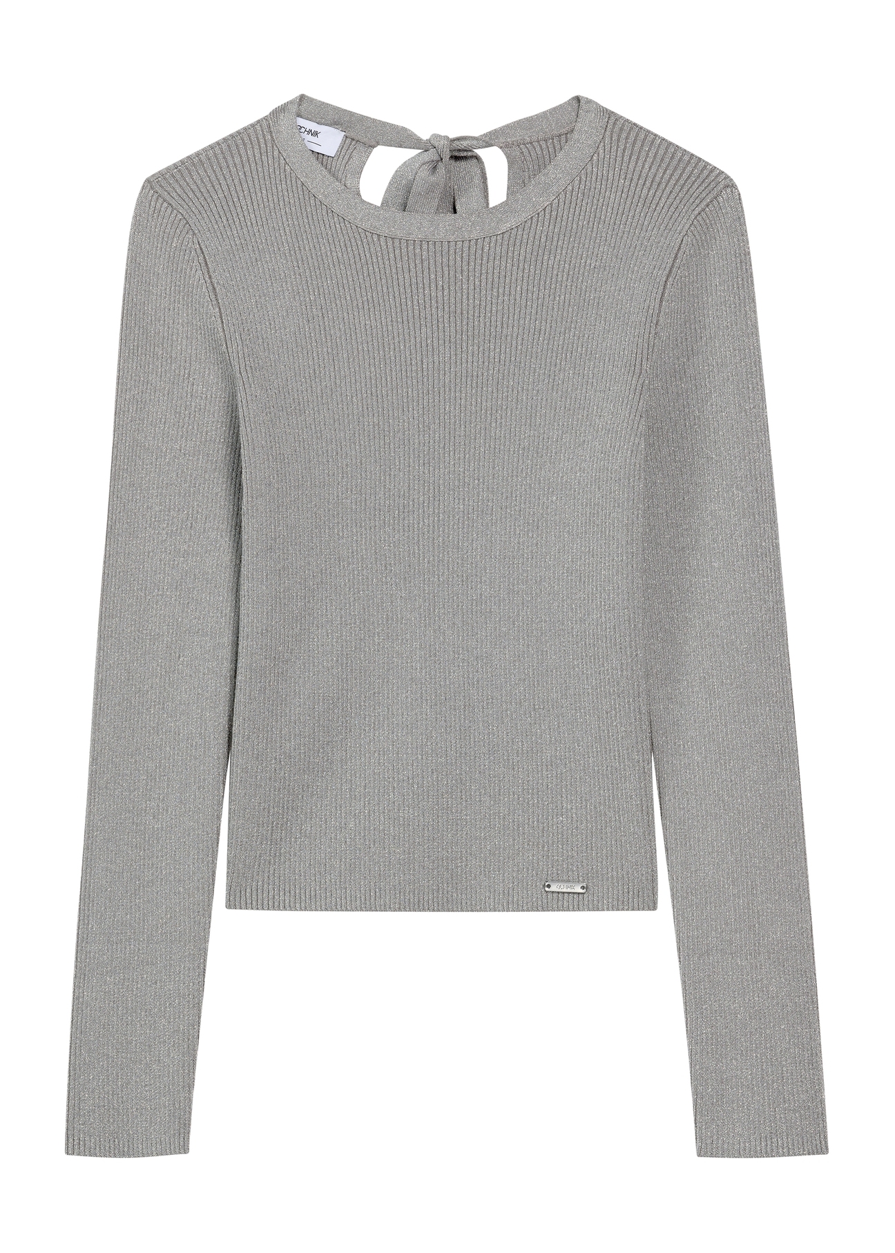 Srebrna prążkowana bluzka damska LSLDT-0050-91(Z25), widok produktu od przodu na białym tle.