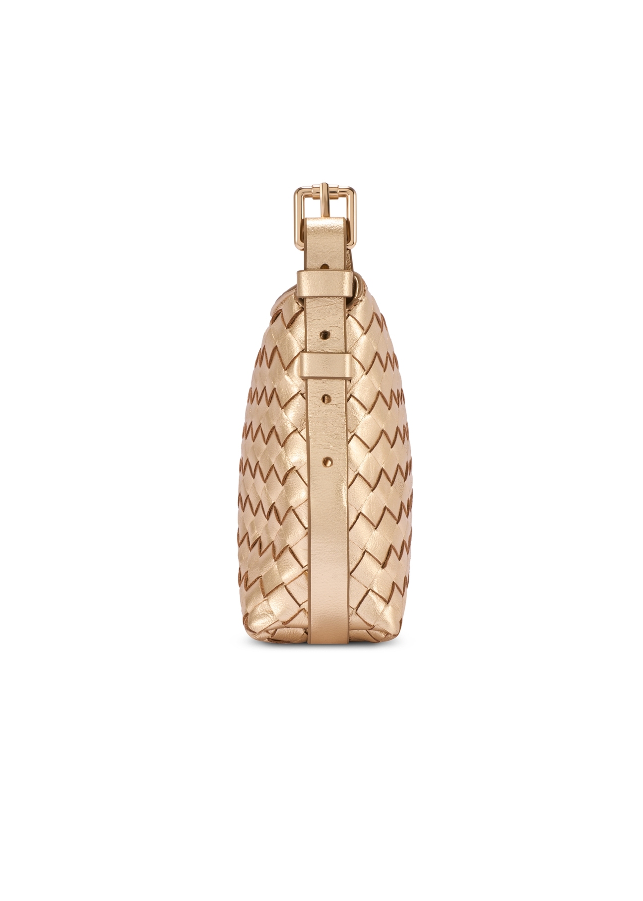 Złota skórzana pleciona torebka damska TORES-1292-2X(W26) - widok produktu z boku, na białym tle.