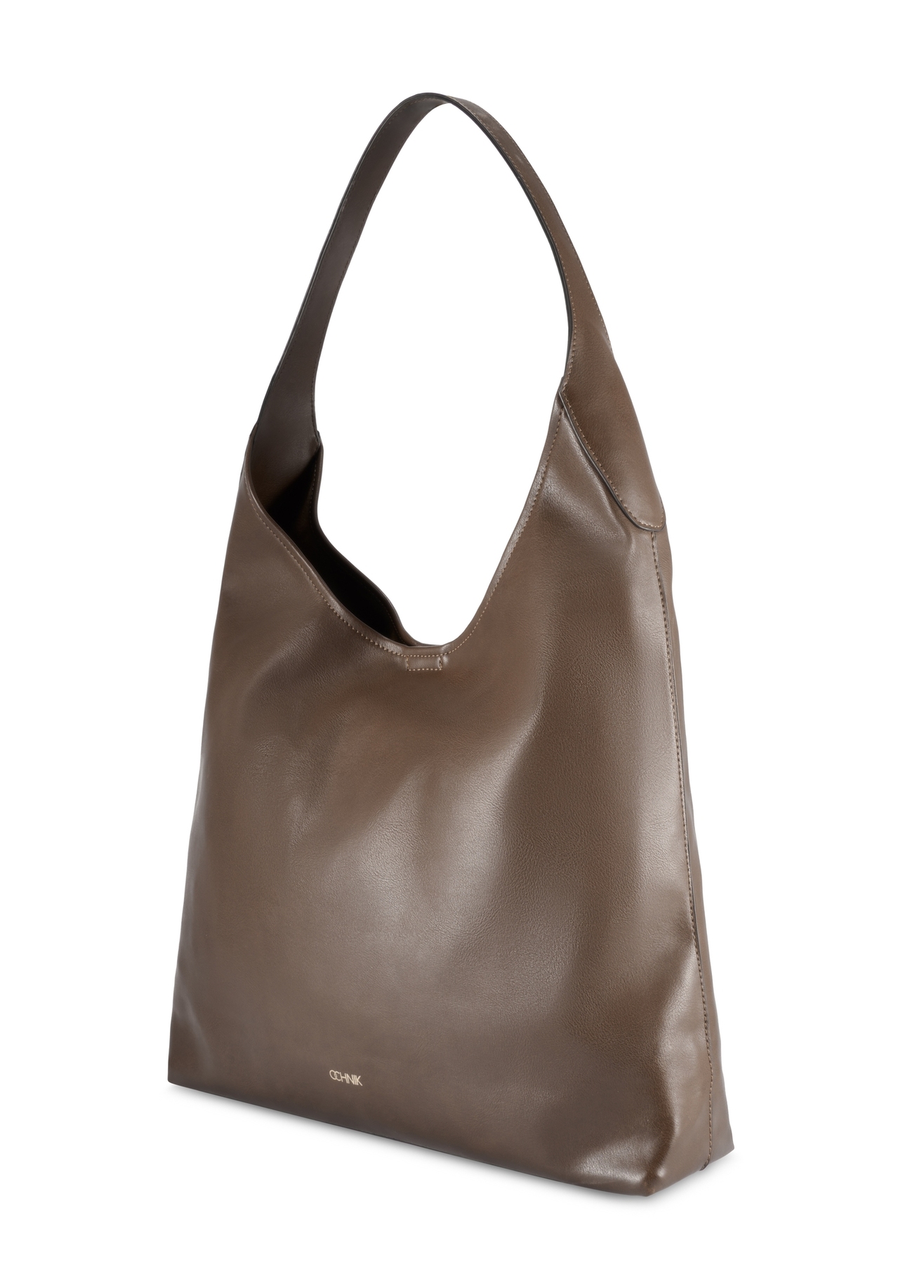 Jasnobrązowa duża torebka damska TOREC-1199-1K(W26), widok produktu skosem na białym tle.