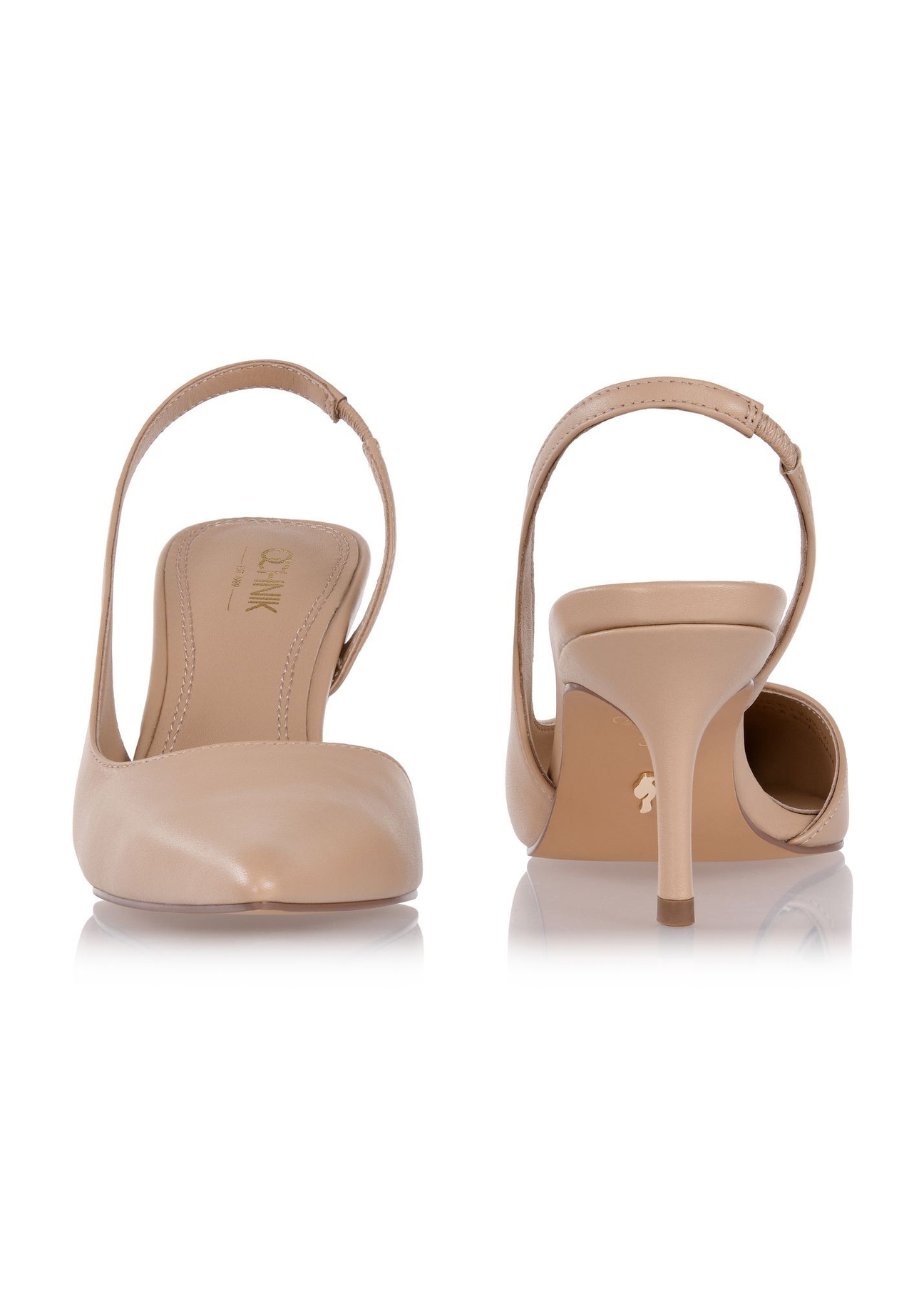 Beżowe skórzane czółenka z wyciętą piętą BUTYD-1078A-1B(W26), widok produktu z przodu i tyłu na białym tle.