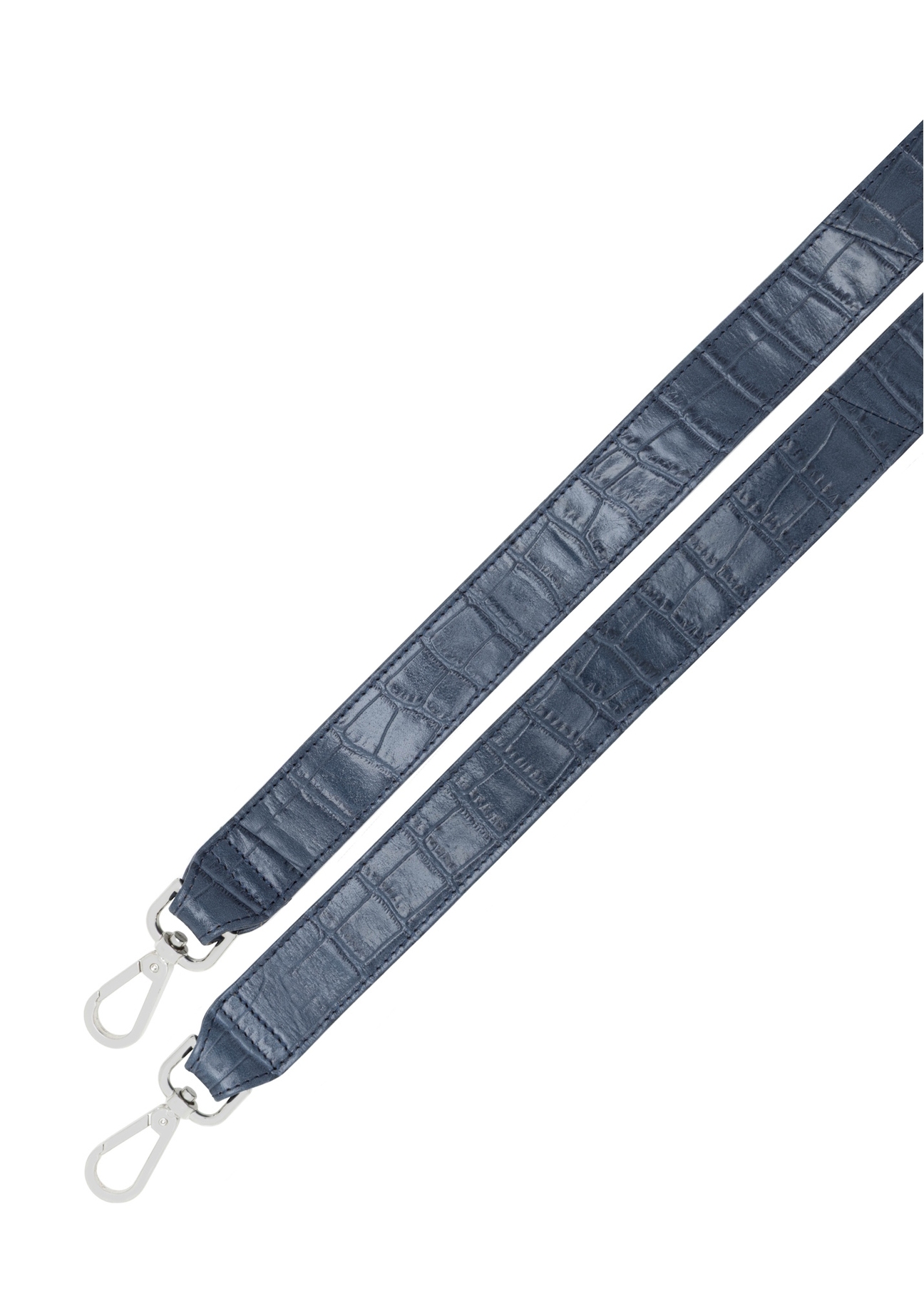 Mała granatowa skórzana torebka croco TORES-1231-7D(W26), widok paska produktu na białym tle.