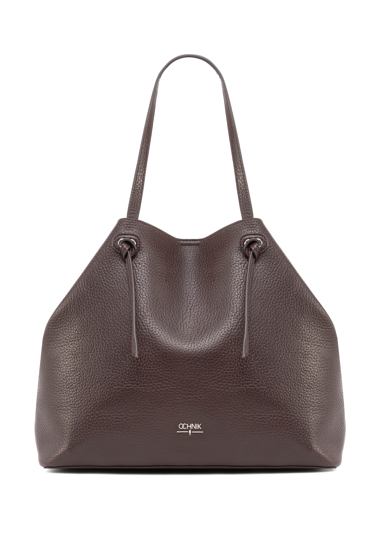 Duża brązowa torebka shopper TOREC-0995A-89(Z25), widok produktu od przodu na białym tle.
