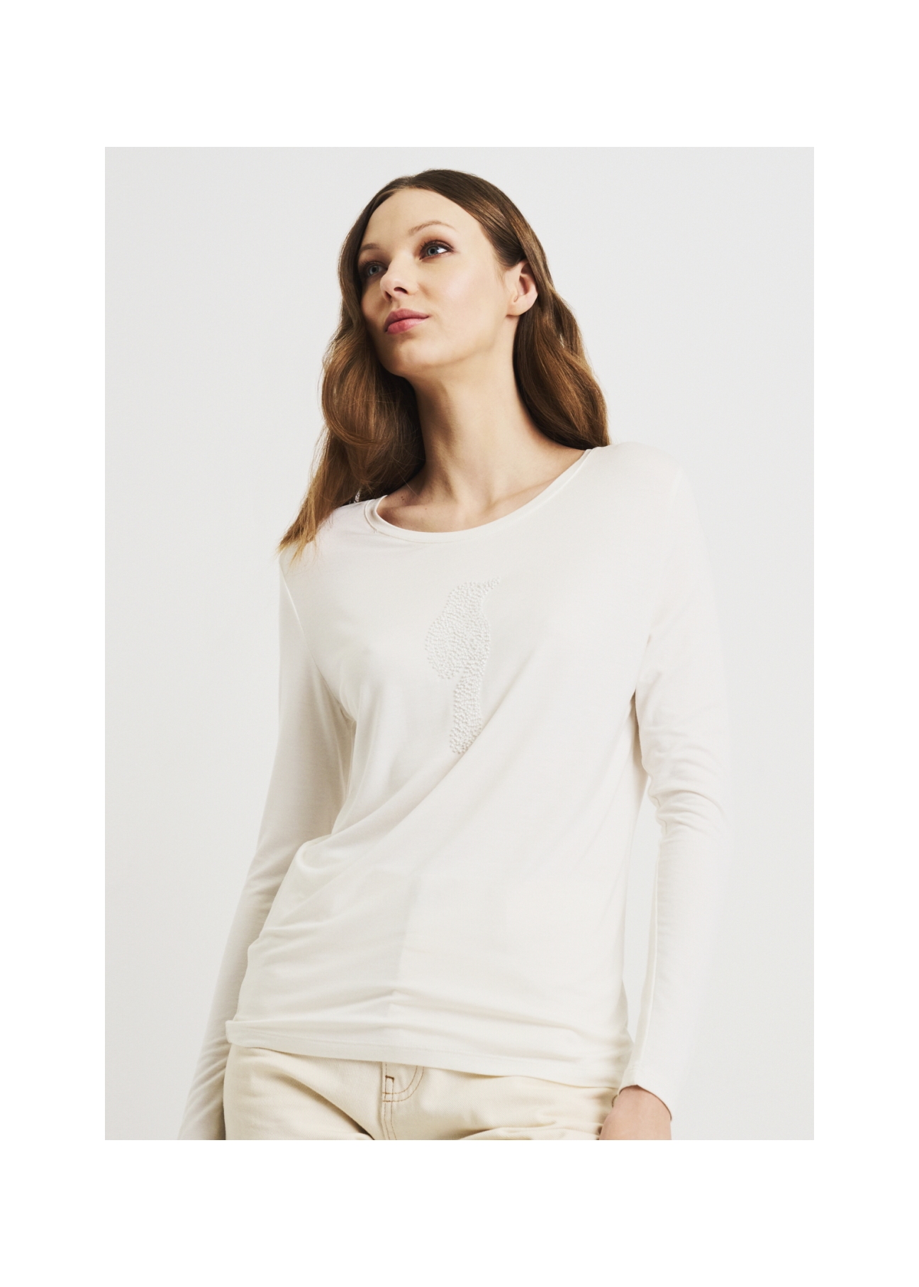 Kremowa bluzka damska longsleeve LSLDT-0024-12(W22)-01