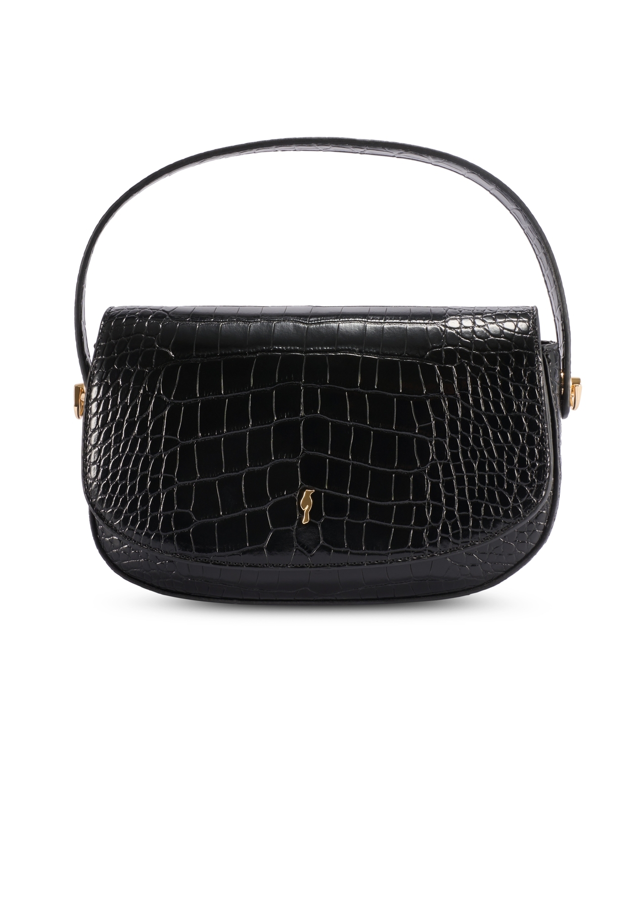 Mała czarna torebka listonoszka damska croco TOREC-1185-9G(W26), widok produktu z przodu na białym tle.