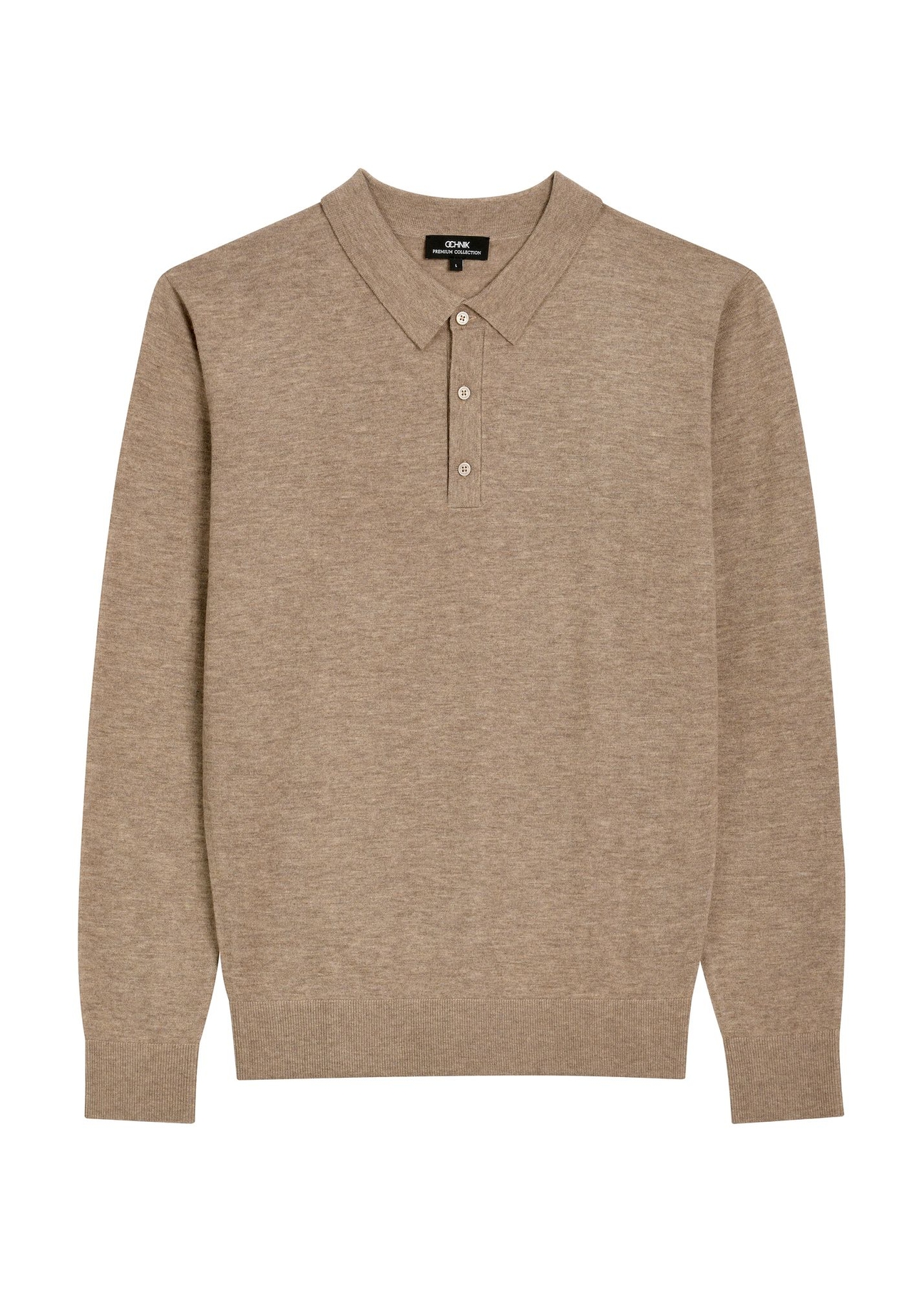 Camelowy wełniany sweter męski SWEMT-0197-1D(Z26)- widok produktu z przodu, na białym tle. 
