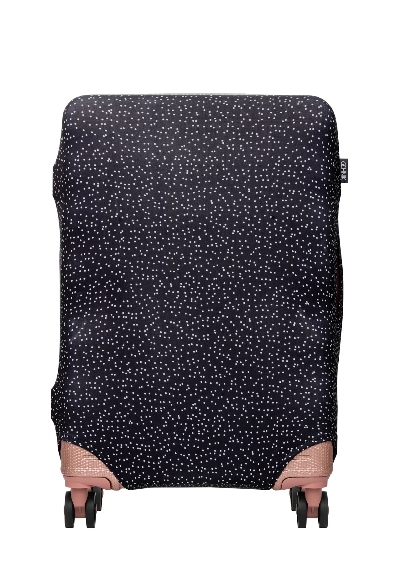 Pokrowiec na średnią walizkę w kropki AW-013-0007-9P-M(W26), widok produktu z przodu na walizce.