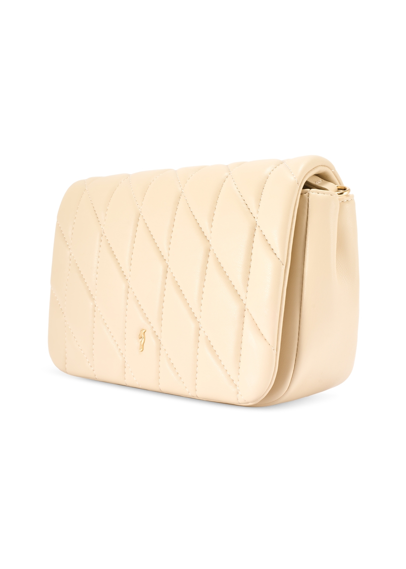 Kremowa torebka damska z przeszyciami TOREC-1151-0B(W26) - widok produktu po skosie, na białym tle. 