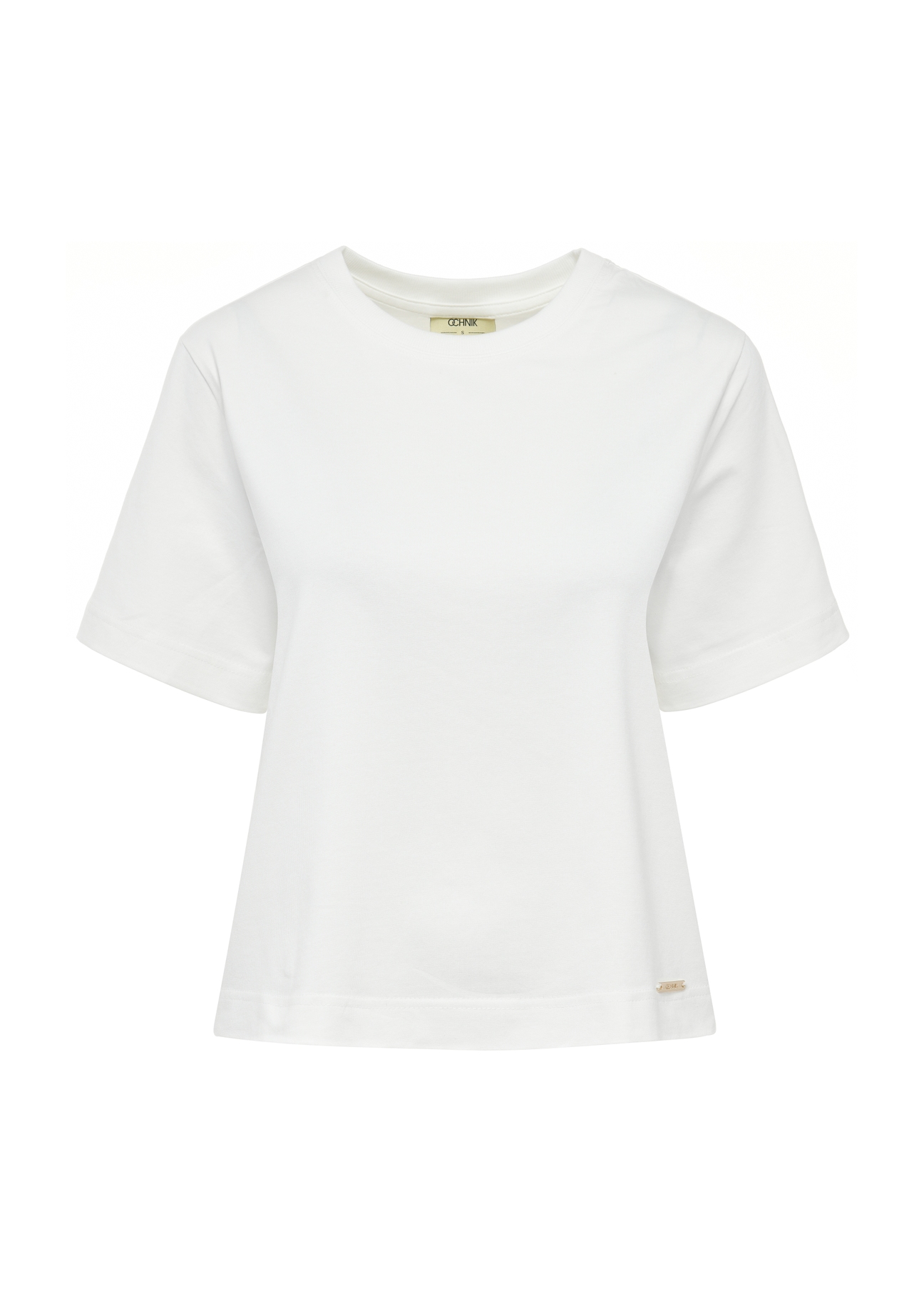 Bawełniany kremowy T-shirt damski TSHDT-0138-12(W25)-03