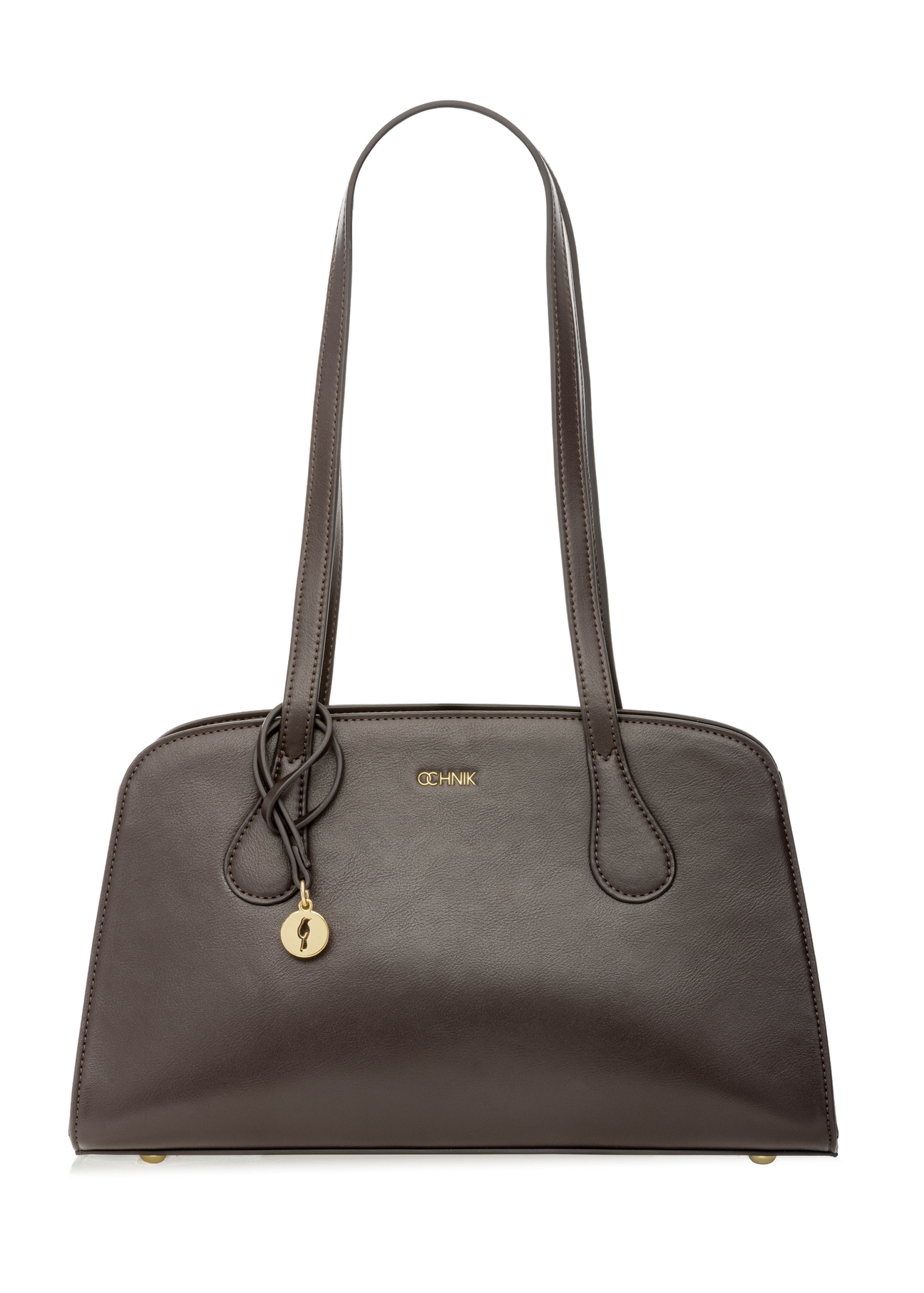 Brązowa torebka na ramię TOREC-1236-1H(W26), widok produktu z przodu na białym tle.