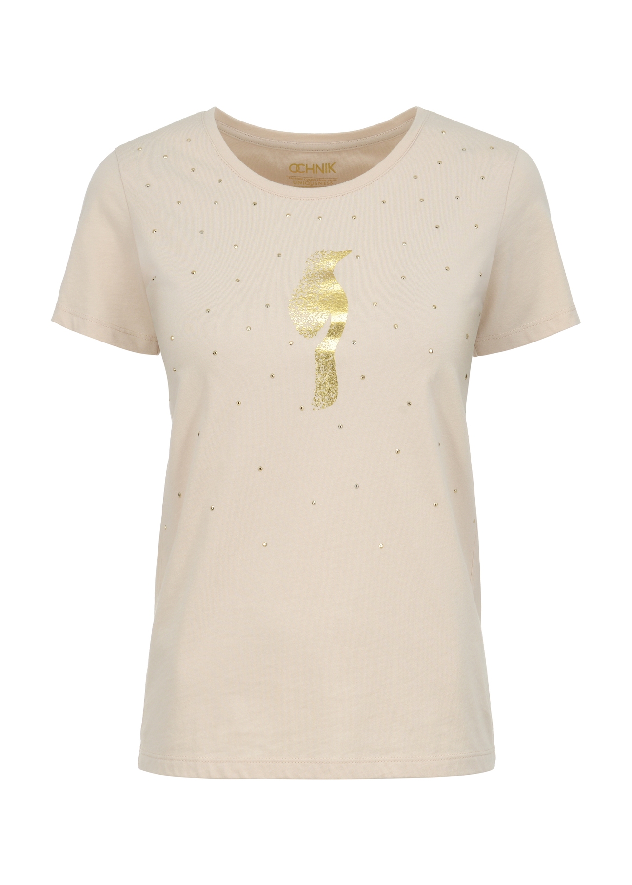 Beżowy T-shirt damski ze złotym logo TSHDT-0110-81(W23)-04