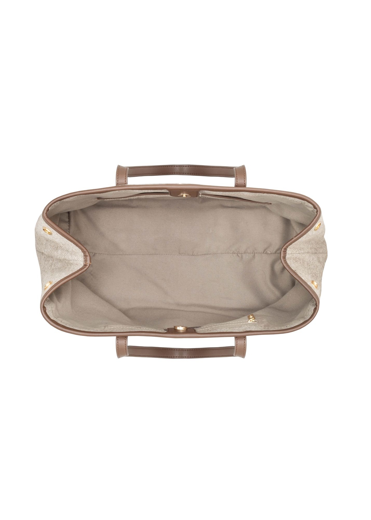 Beżowa torebka shopper w jodełkę TOREC-1330-1P(Z26) - widok produktu z góry, na białym tle. 