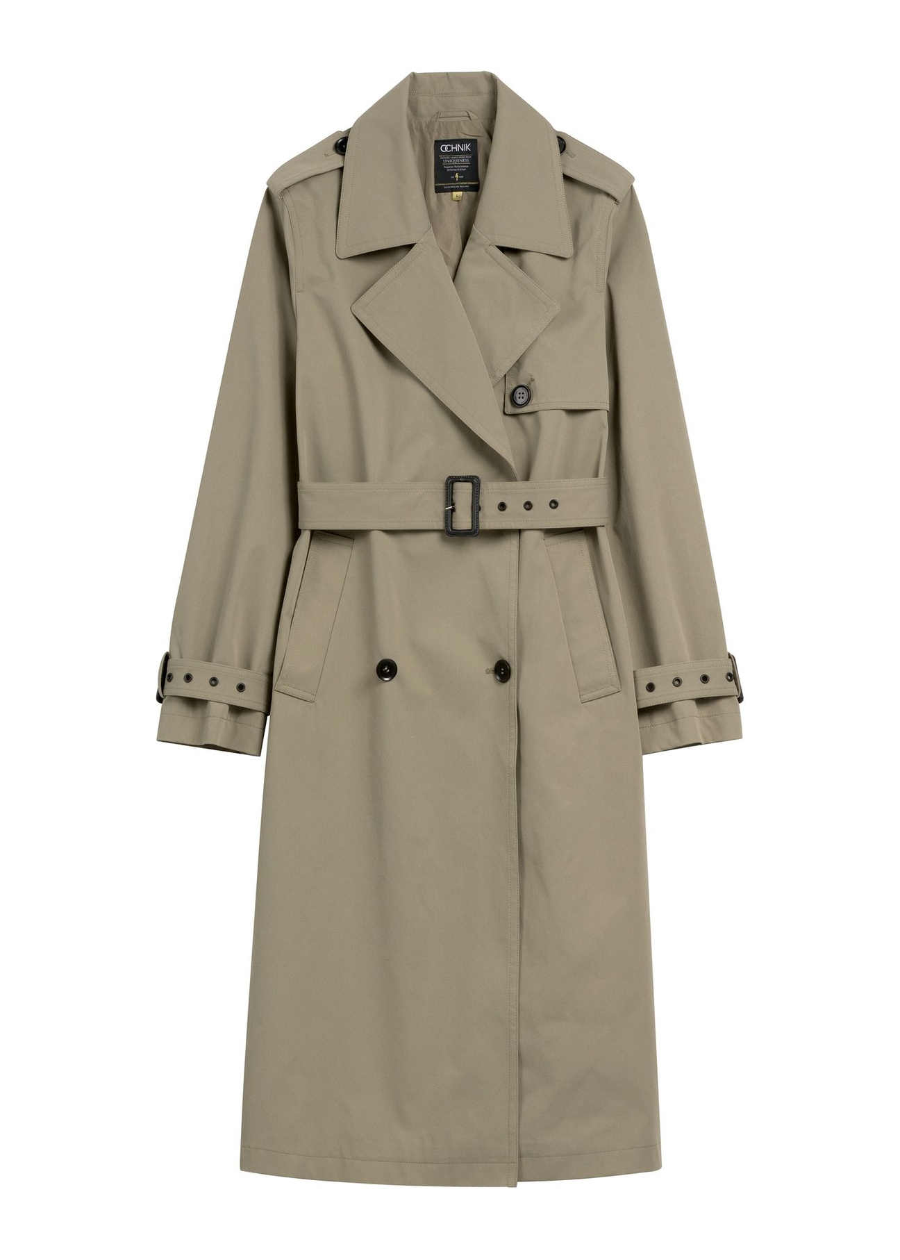 Długi szałwiowy płaszcz damski KURDT-0512-8F(W26) - widok produktu z przodu, na białym tle.