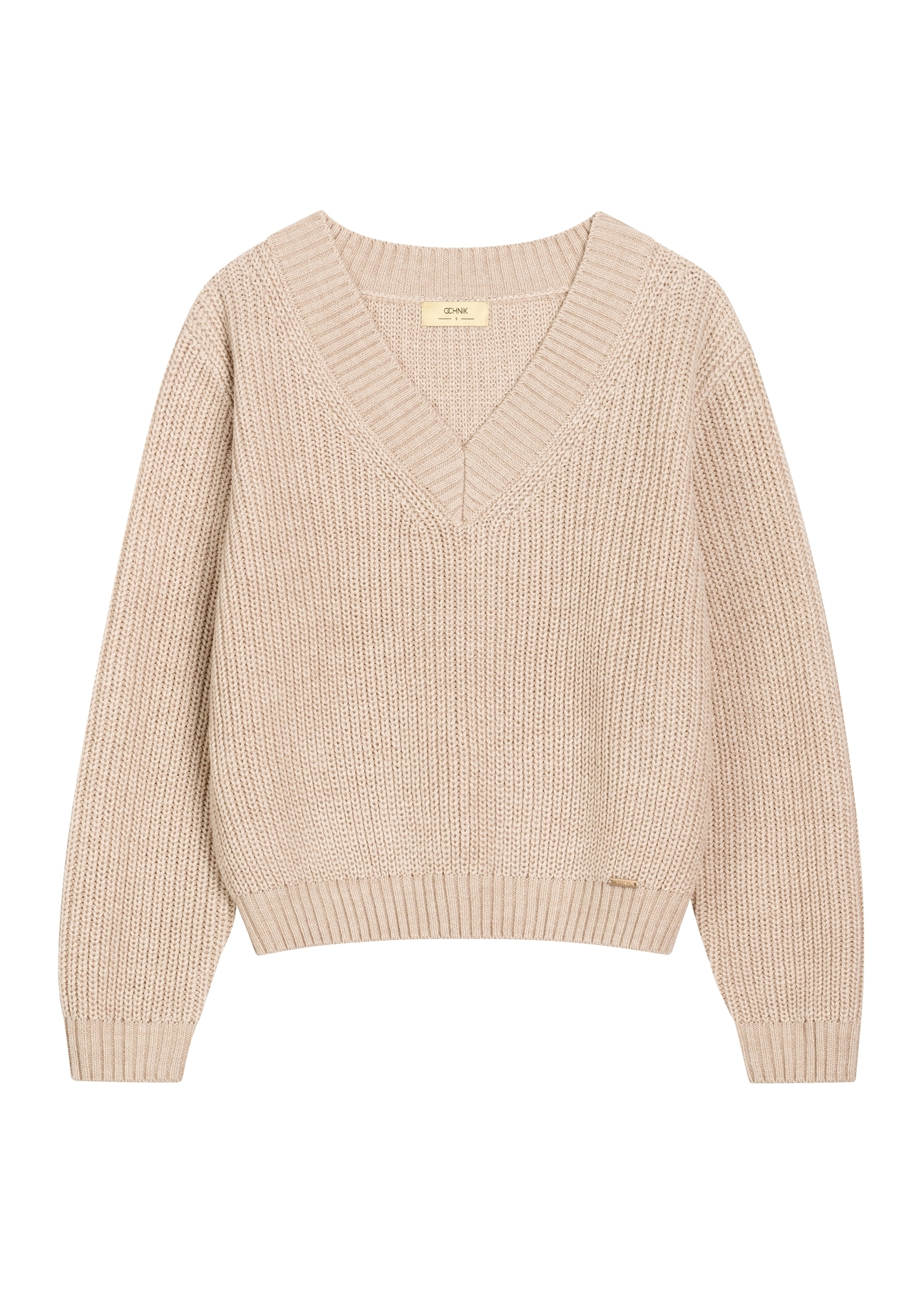Sweter damski w kolorze chłodnego beżu SWEDT-0162-1J(Z26), widok produktu z przodu na białym tle.