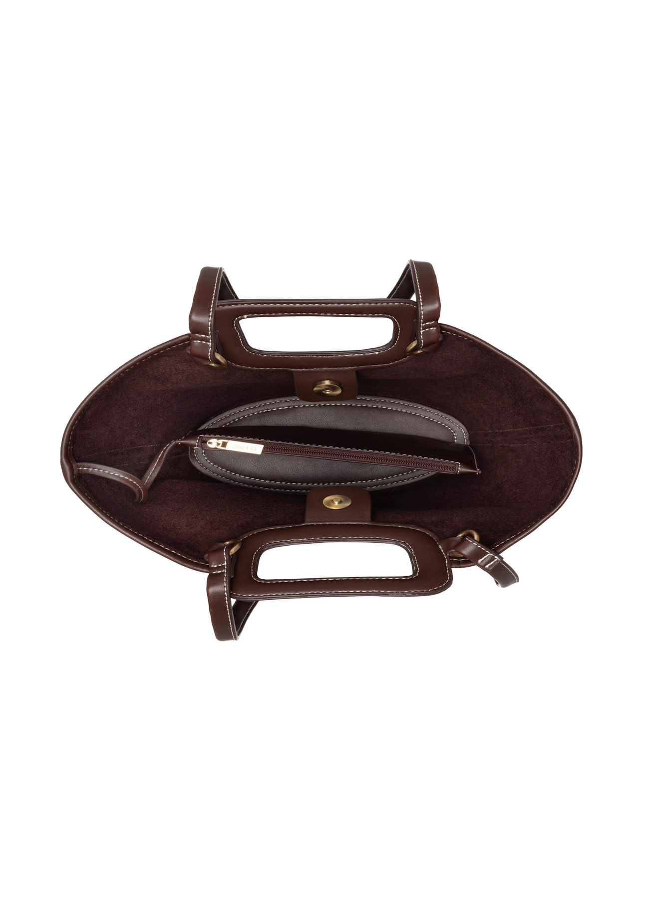 Ciemnobrązowa damska torebka z przeszyciami TOREC-1213-1H(W26), widok produktu w środku na białym tle.