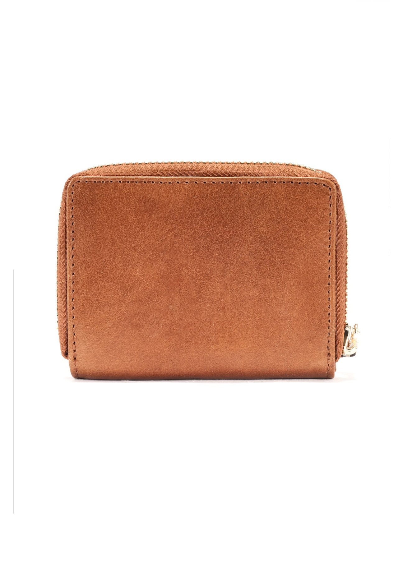 Mały skórzany portfel damski w kolorze koniaku PORES-0963-1F(W26), widok produktu z tyłu na białym tle.