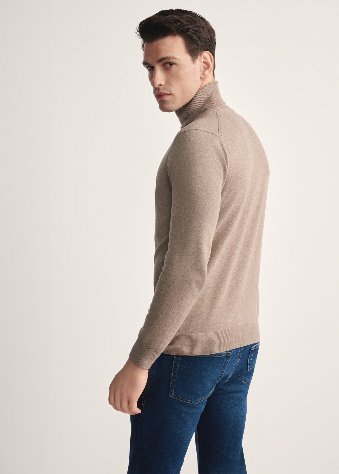 Camelowy sweter męski z golfem SWEMT-0095B-24(Z25), widok produktu od tyłu na modelu, widoczna połowa sylwetki.