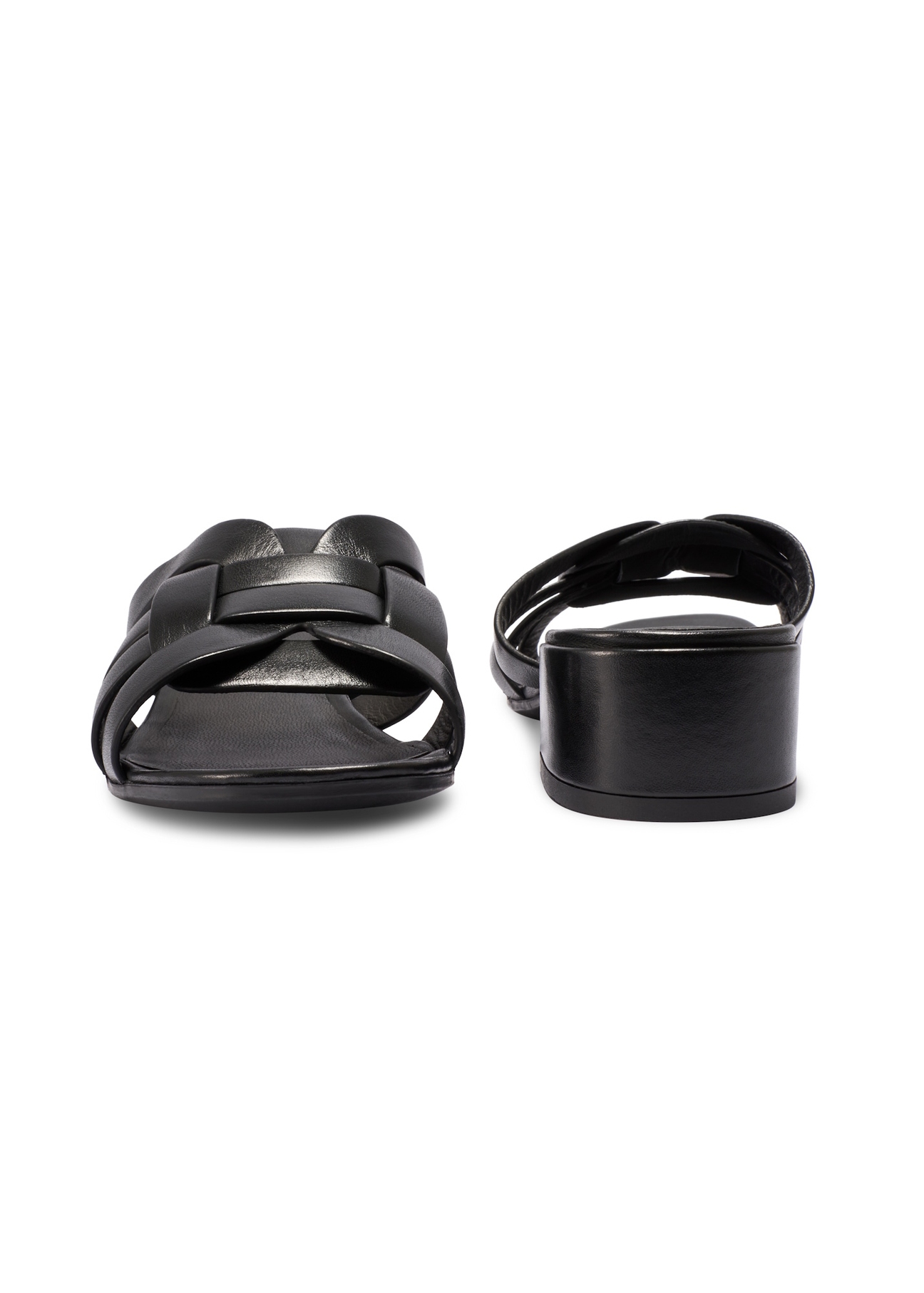 Skórzane klapki damskie na słupku BUTYD-1265-99(W26), widok produktu z przodu i tyłu na białym tle.