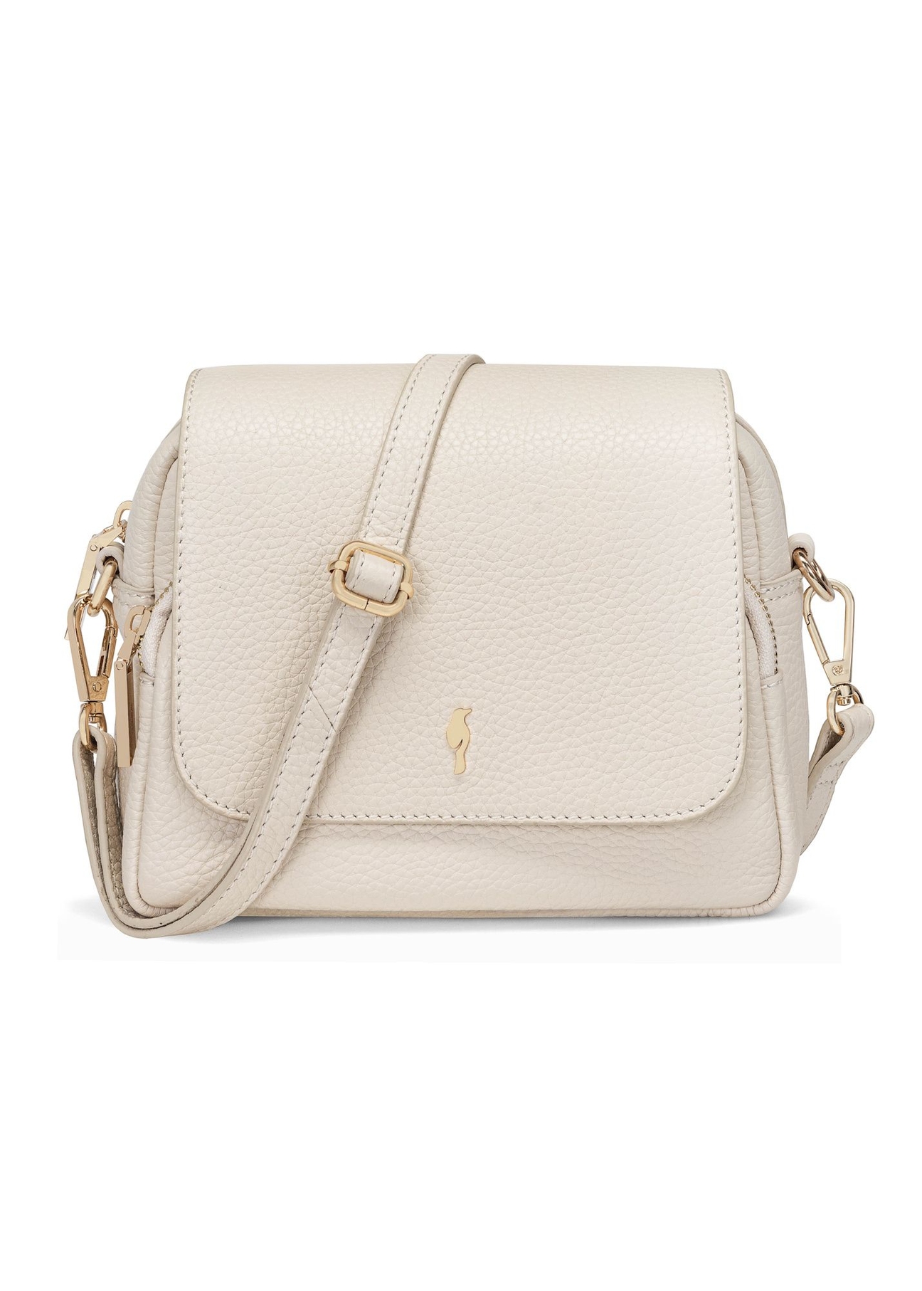 Kremowa skórzana torebka listonoszka damska TORES-0958E-0B(W26), widok produktu z przodu na białym tle.