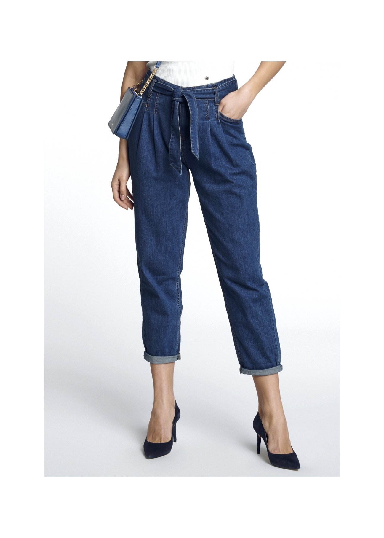 Granatowe spodnie mom jeans damskie SPODT-0055-69(W21)-01