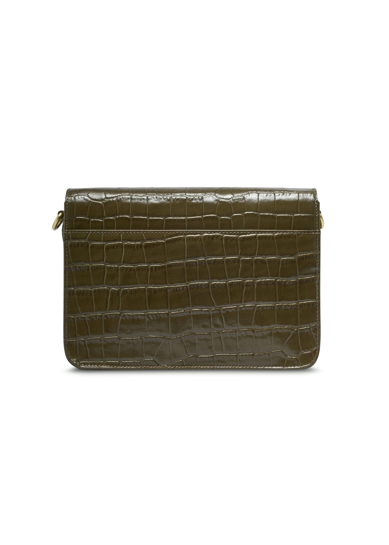 Skórzana torebka damska croco w kolorze khaki TORES-1324-8D(Z26) - widok produktu z tyłu, na białym tle. 