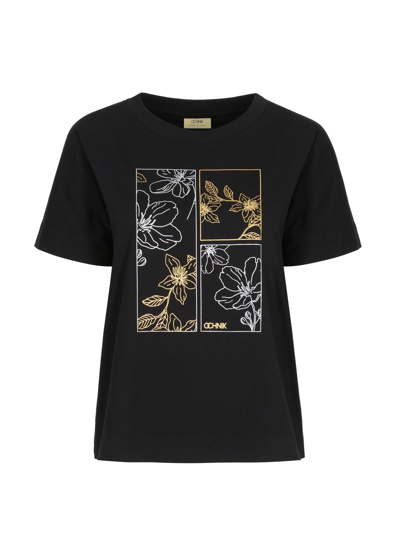 Czarny bawełniany T-shirt damski z aplikacją TSHDT-0117-99(Z23)-04