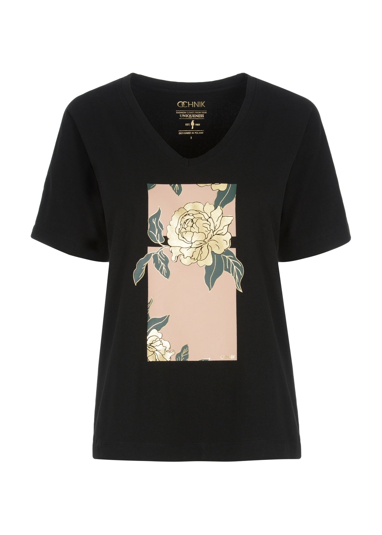 Czarny T-shirt damski z printem TSHDT-0115-99(Z23)-03