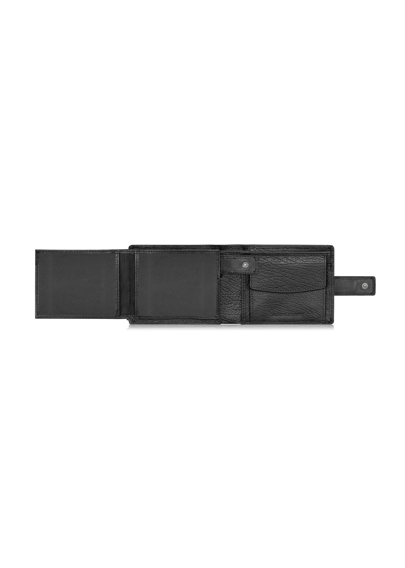 Skórzany portfel męski z zapięciem na zatrzask PORMS-0536A-99(Z25) - widok otwartego produktu z góry na białym tle. 